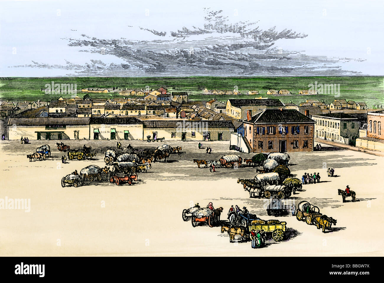 I carri di Plaza di San Antonio Texas circa 1890. Colorate a mano la xilografia Foto Stock