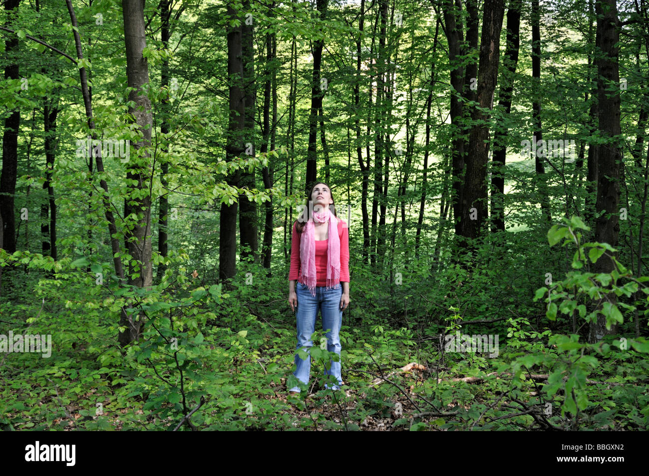 Giovane donna perso in piedi nel bosco Foto Stock