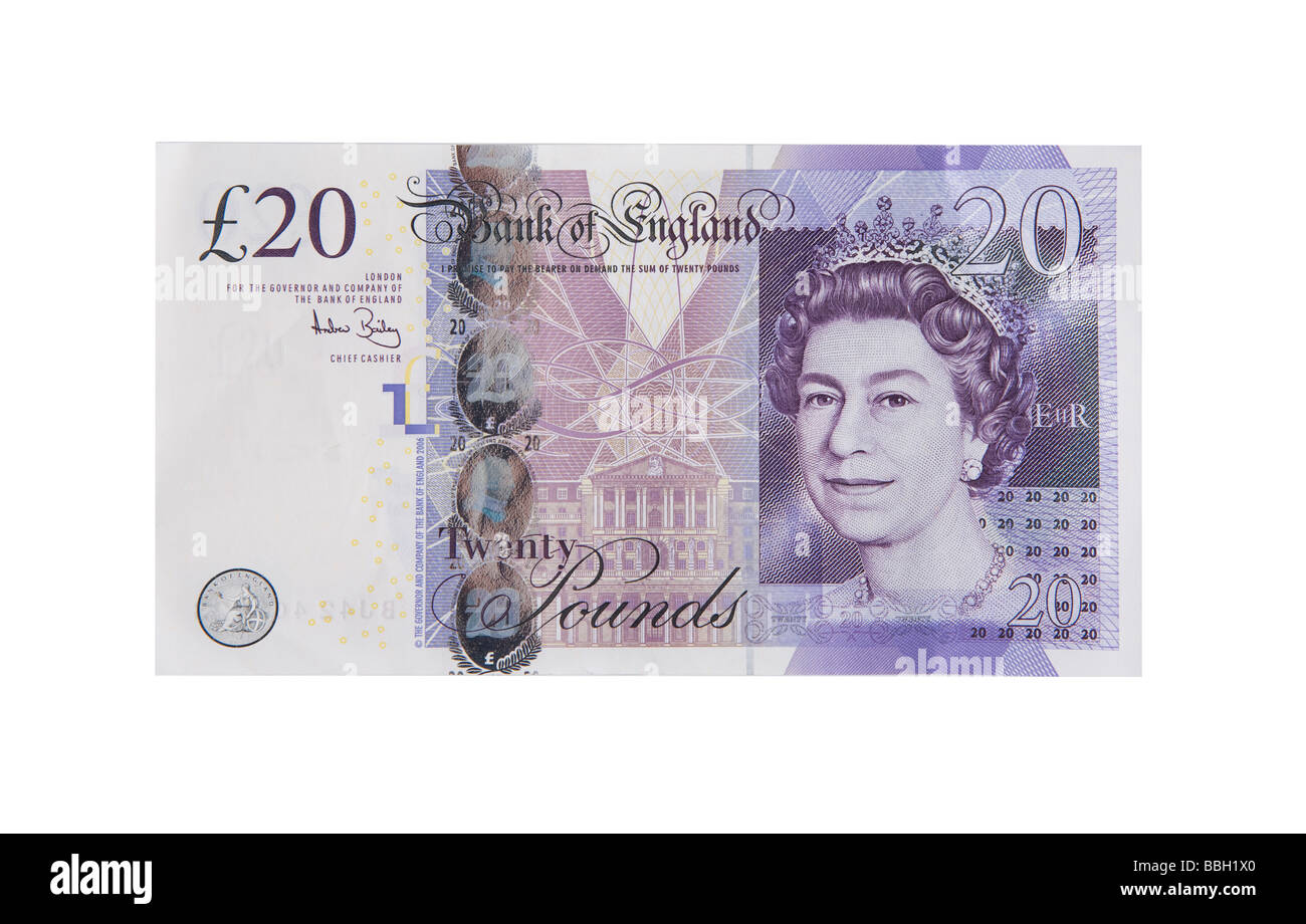 "Venti libbre' nota "venti pound' le note di denaro in valuta sterlina stack bundle Foto Stock