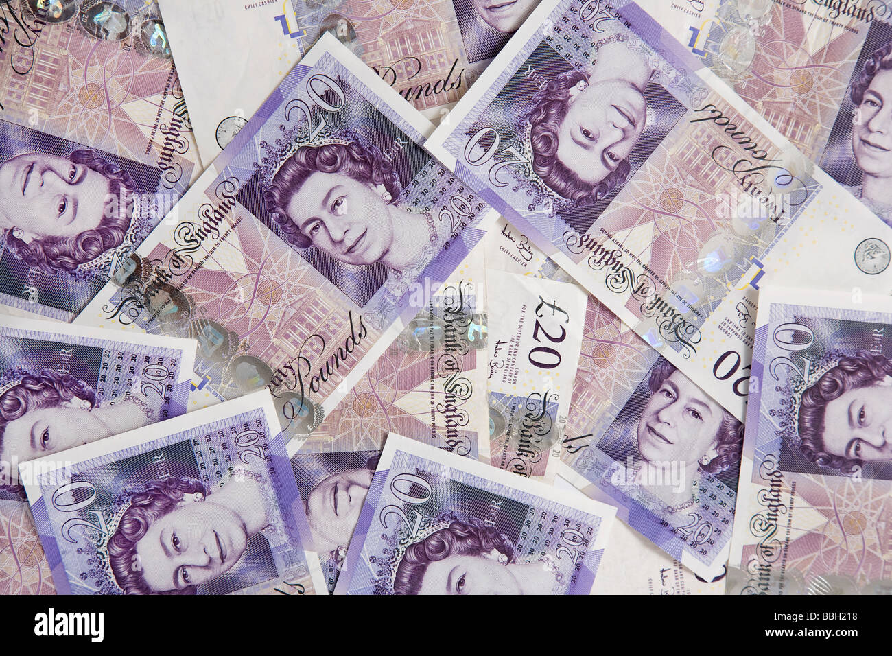 "Venti libbre' nota "venti pound' le note di denaro in valuta sterlina stack bundle Foto Stock