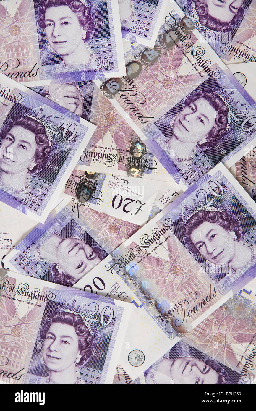 "Venti libbre' nota "venti pound' le note di denaro in valuta sterlina stack bundle Foto Stock