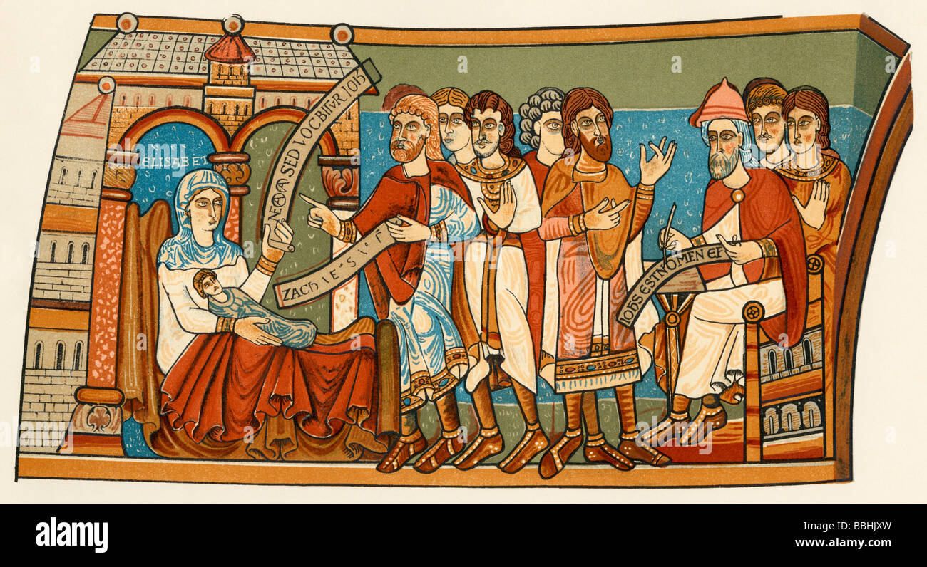 Denominazione del bambino che divenne San Giovanni Battista. Litografia a colori di un12th-secolo muro dipinto nella cripta della Cattedrale di Canterbury Foto Stock