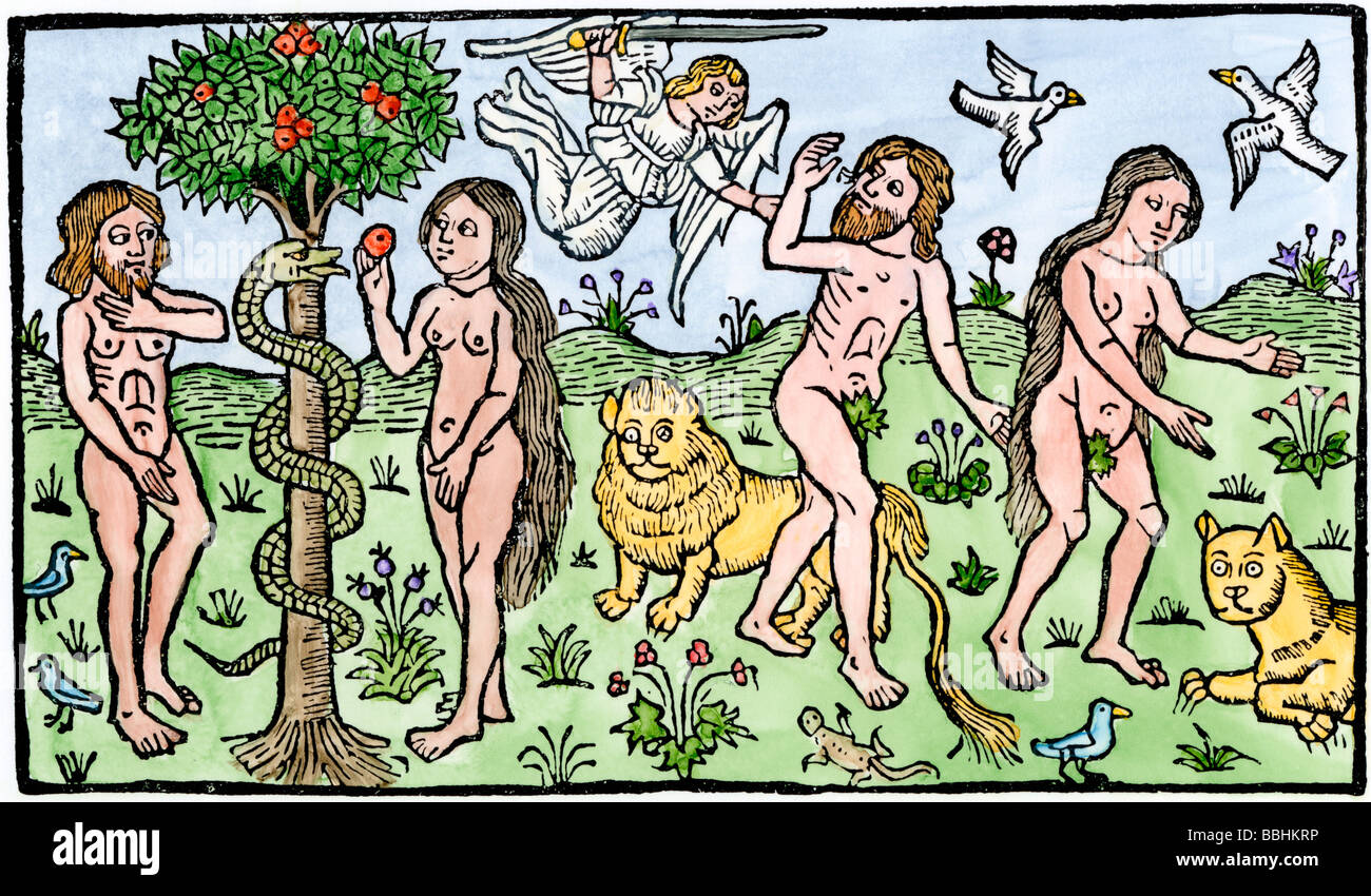 Adamo ed Eva nel giardino di Eden la tentazione a sinistra e l'espulsione. Colorate a mano la xilografia Foto Stock