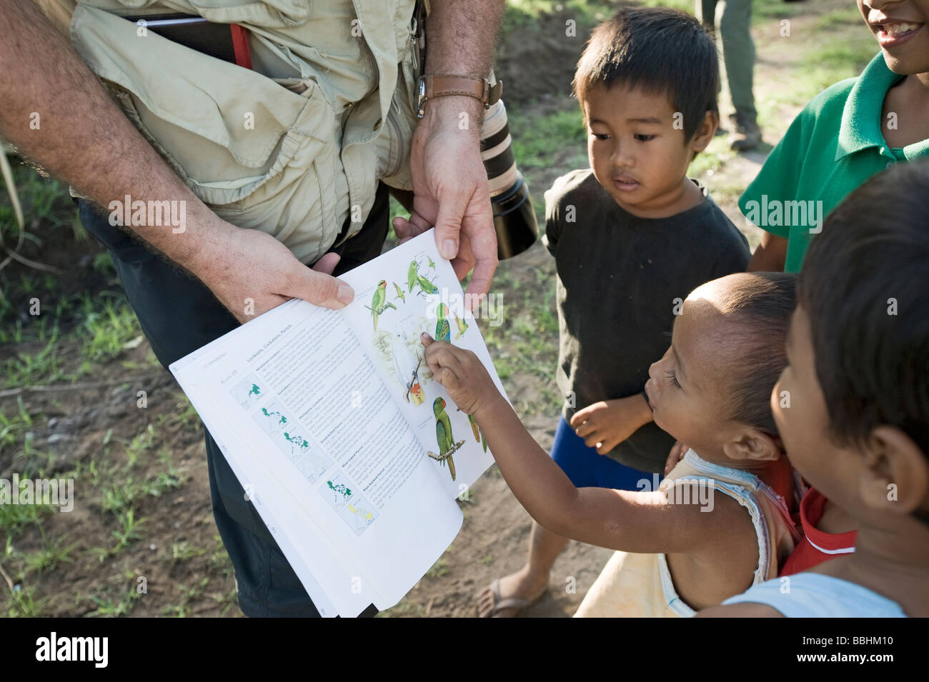 Tim Appleton mostra ragazzi illustrazioni di uccelli in una guida di campo a Narra su PALAWAN FILIPPINE Foto Stock