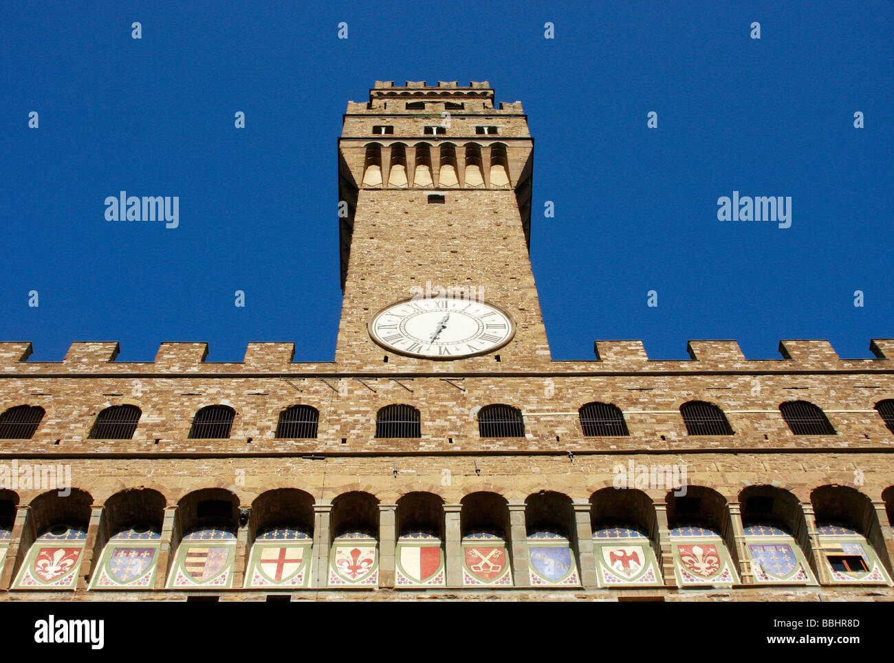 Famosa torre dell'orologio di Pallazzo Vecchio,o il Palazzo Vecchio, in Piazza della Signoria,Firenze Foto Stock