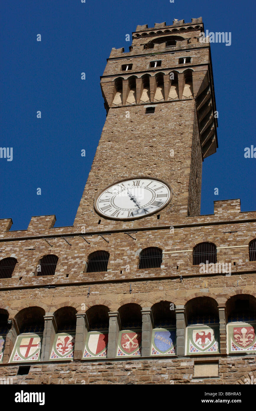 Famosa torre dell'orologio di Pallazzo Vecchio,o il Palazzo Vecchio, in Piazza della Signoria,Firenze Foto Stock