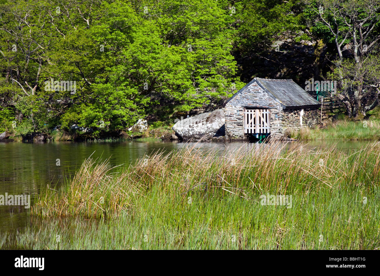 Un beautiufl lakeland scena con il boathouse in estate sul tranquillo e pittoresco lago di LLyn Dinas nel Galles del Nord, Regno Unito Foto Stock