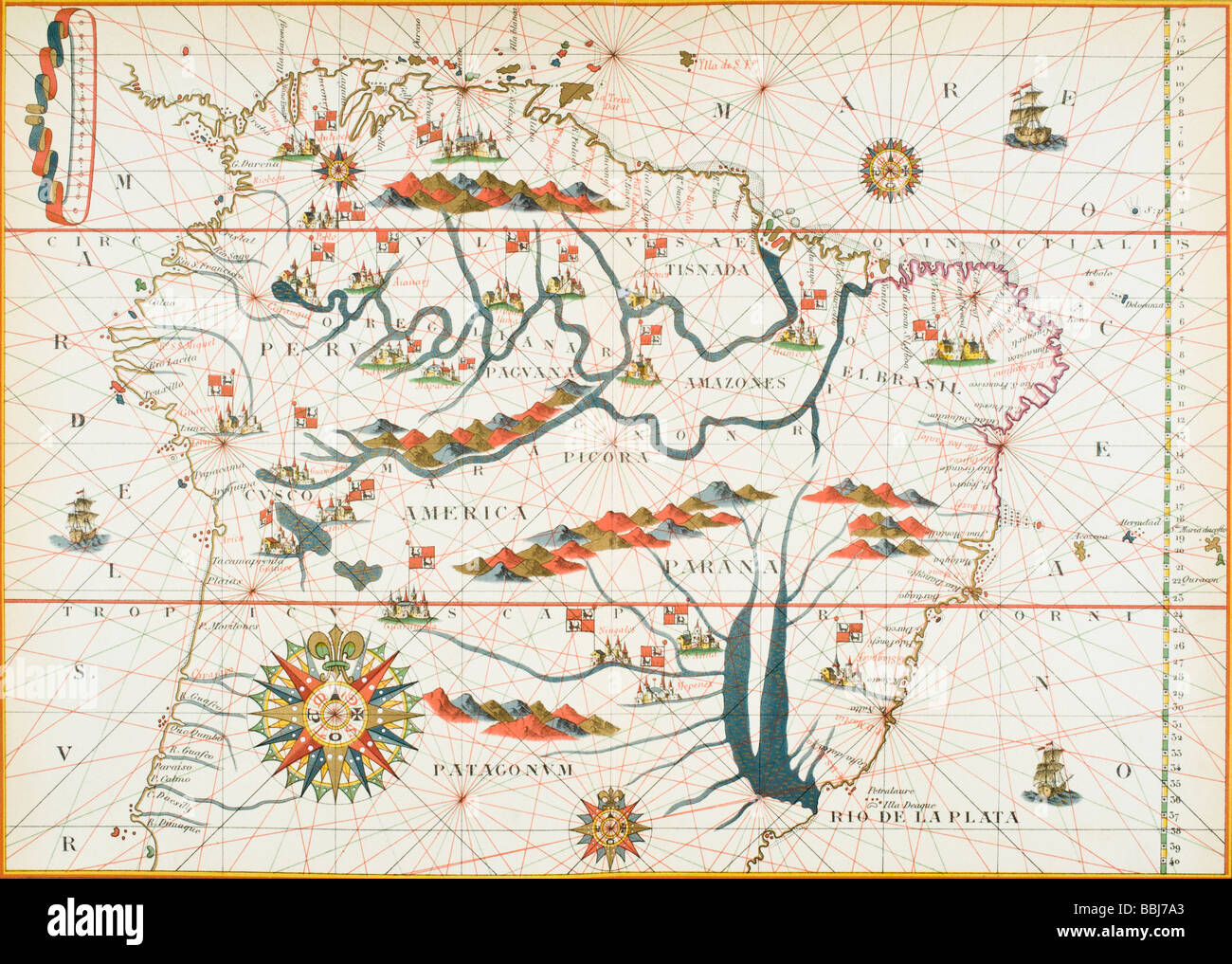 Mappa di Sud America. Ridotto il facsimile di una mappa dallo spagnolo Atlante pubblicato in Messina 1582. Foto Stock
