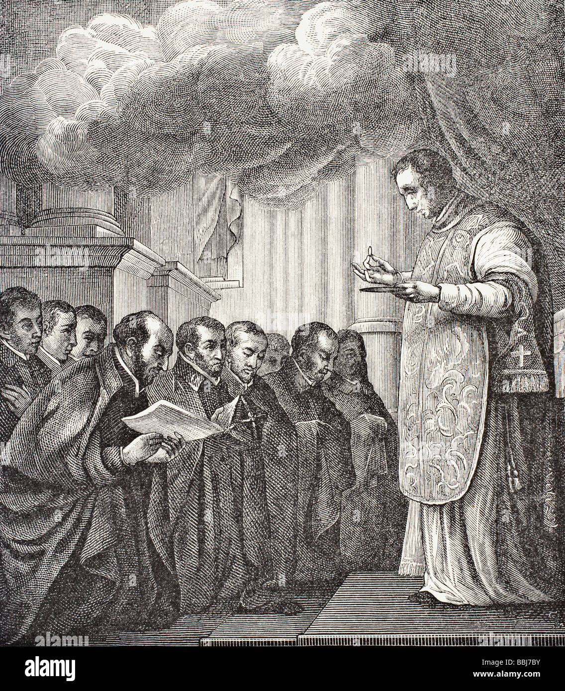 Voto dei primi compagni di sant'Ignazio nella chiesa di Montmatre sul presupposto giorno 1534. Padre Pierre Lefevre dicendo messa Foto Stock