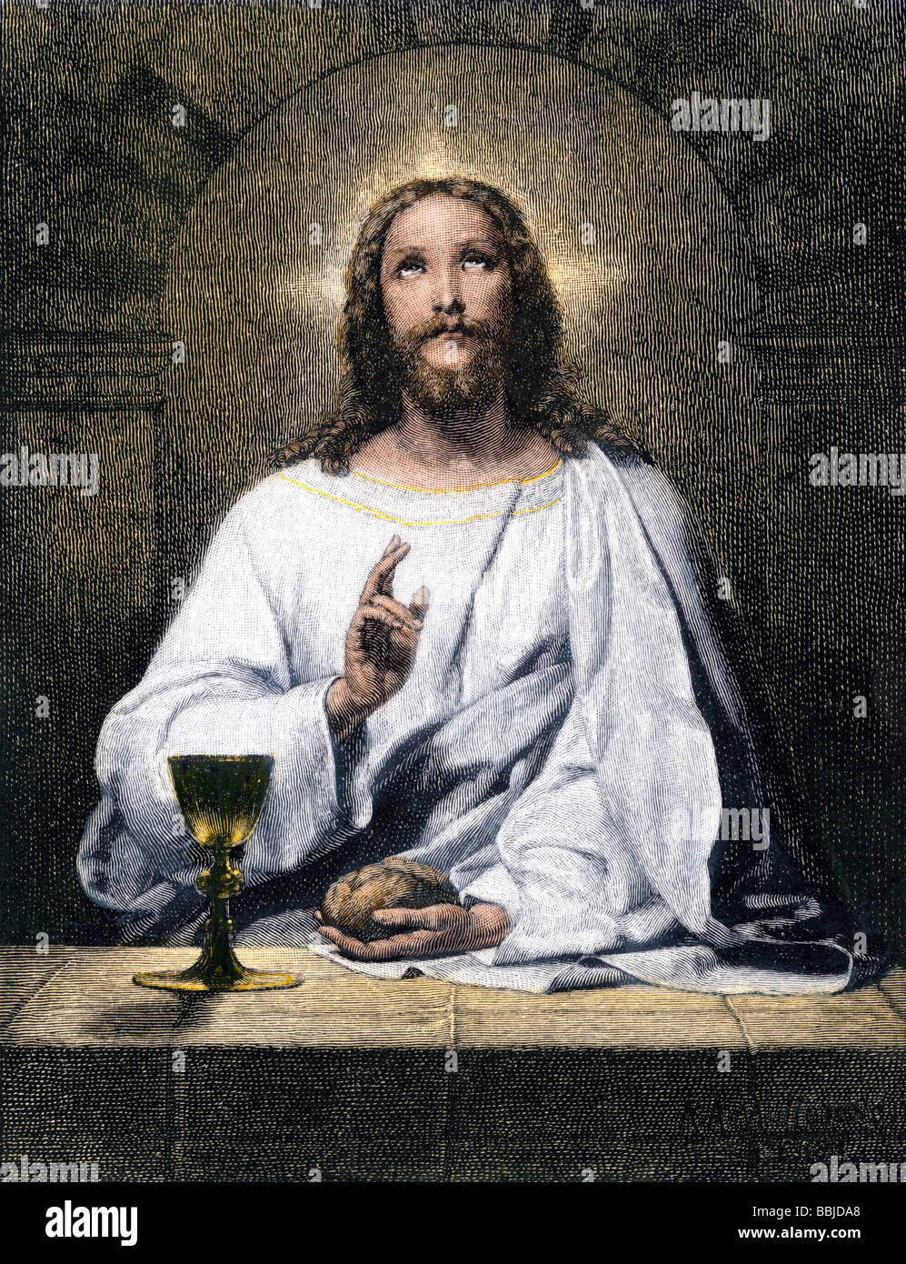 Gesù benedire il pane e il vino di Emmaus. Colorate a mano la xilografia Foto Stock