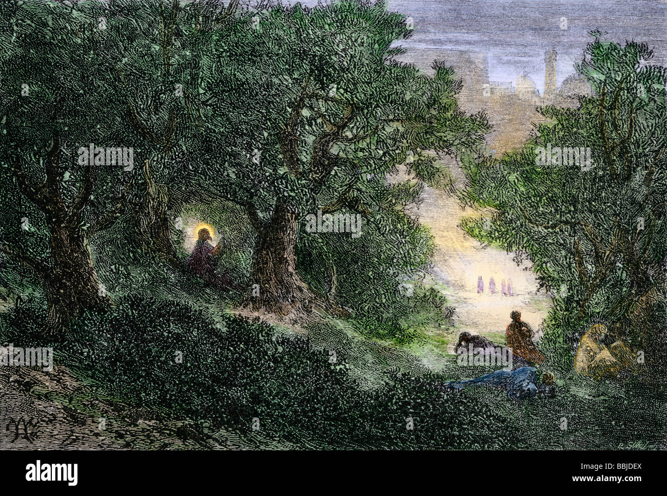 Gesù in preghiera nell'orto del Getsemani prima del suo arresto. Colorate a mano la xilografia Foto Stock