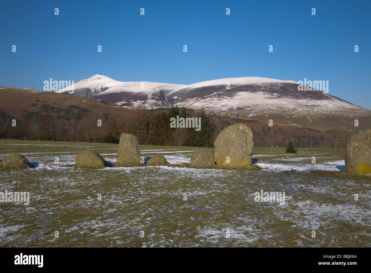 Keswick Regno Unito Inghilterra GB Castlerigg Stone Circle nella neve Cumbria Lake District Foto Stock