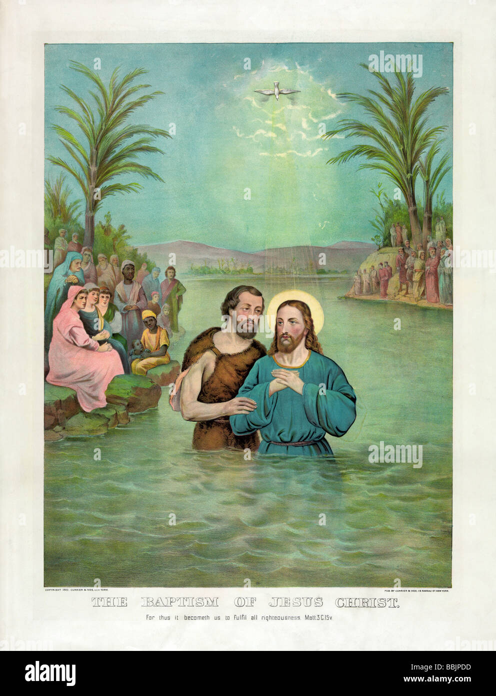 Stampa pubblicato nel 1893 da Currier & Ives intitolato "Il battesimo di Gesù Cristo e che mostra Giovanni Battista battezzare Gesù. Foto Stock