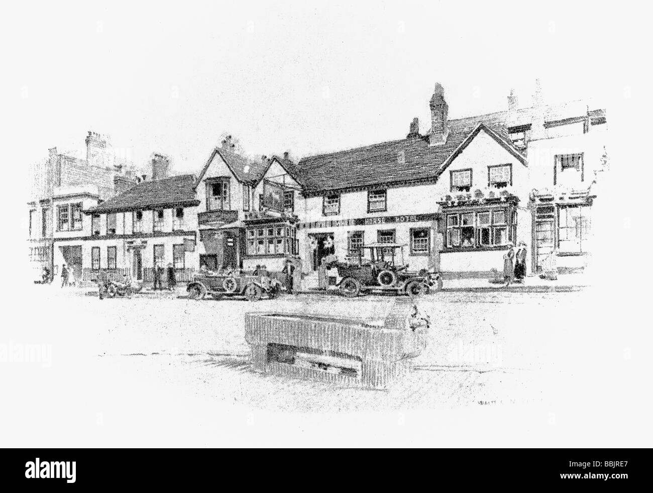 La storica White Horse Inn a Dorking Surrey in Inghilterra nel 1920s. Disegno a matita dal sig. W. M. Keesey. Foto Stock