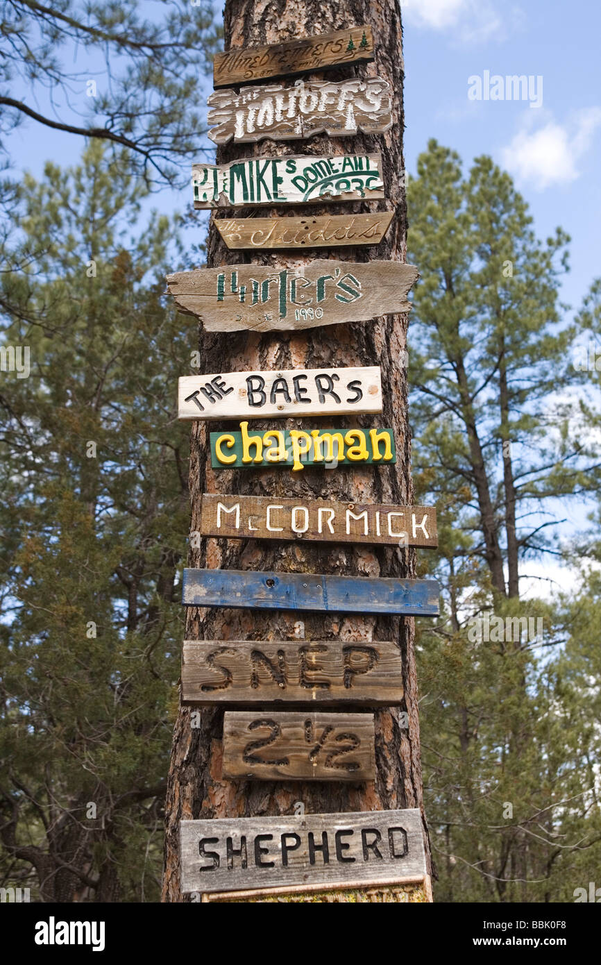 Segni di Camp su albero di Payson, Arizona Foto Stock