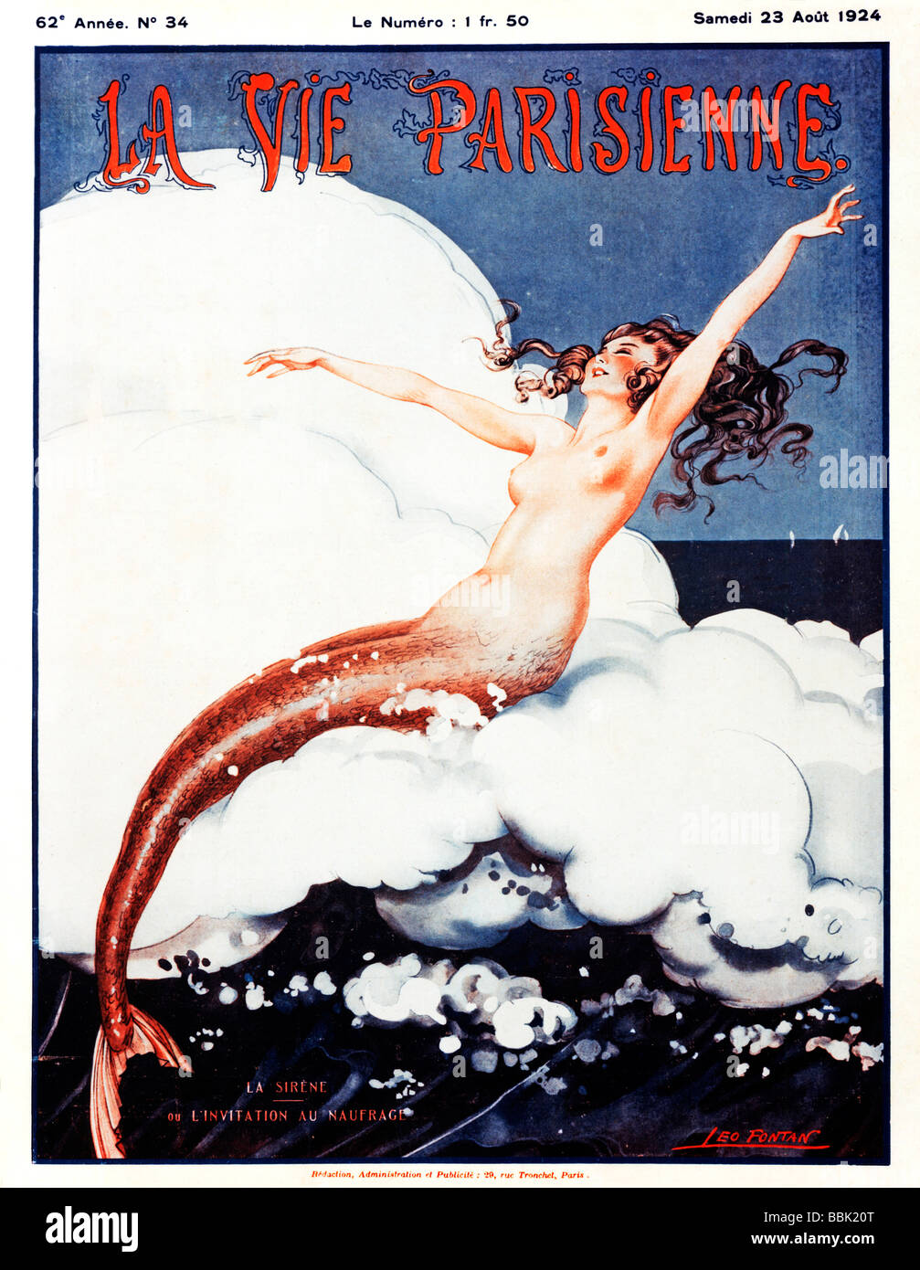 Invito a un naufragio la sirena chiede il passaggio di imbarcazioni sulle sue rocce in questo 1920s illustrazione francese Foto Stock