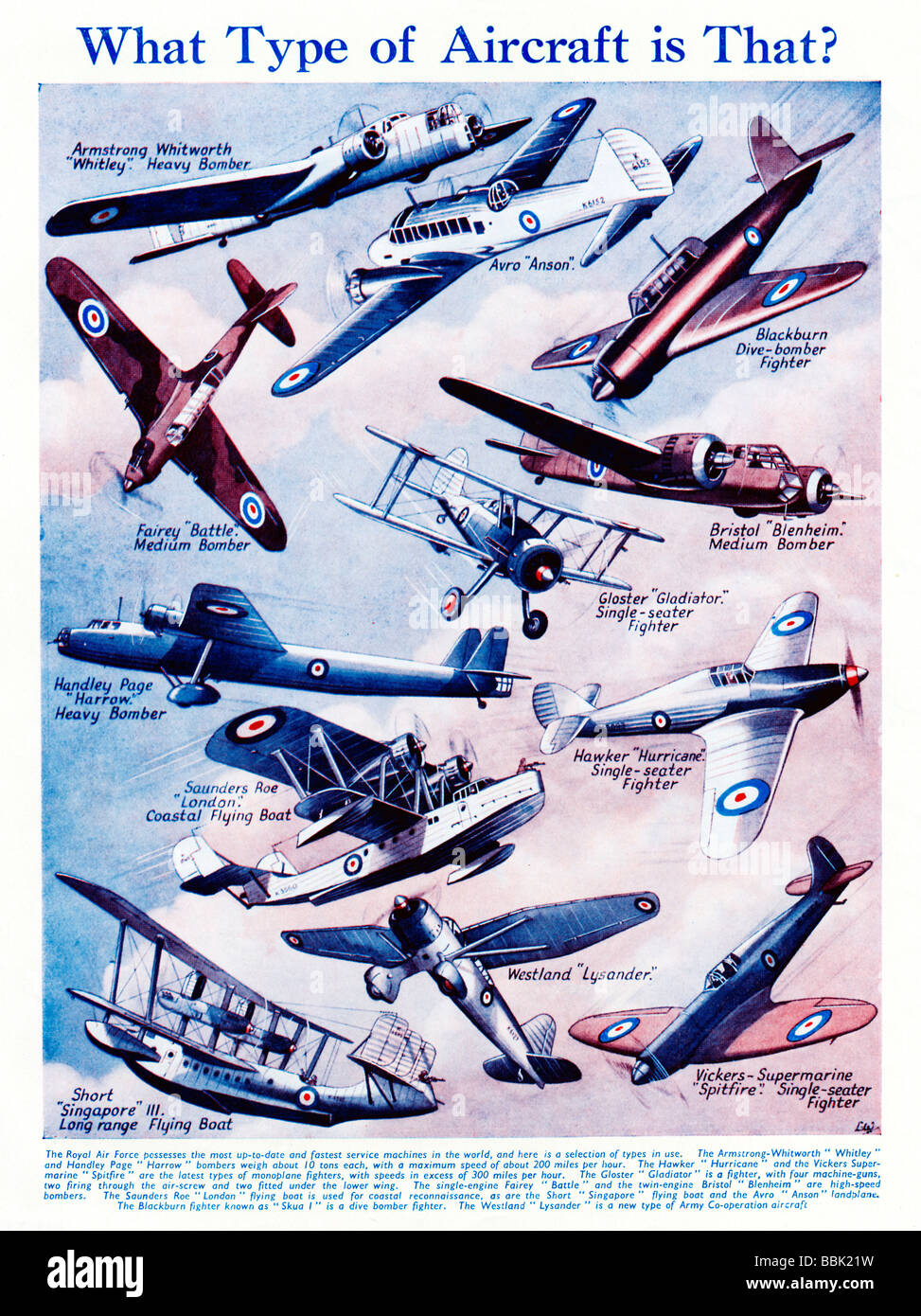 Qual è il tipo di aeromobile 1939 rivista illustrazione di aerei militari della Royal Air Force alla vigilia della II Guerra Mondiale Foto Stock