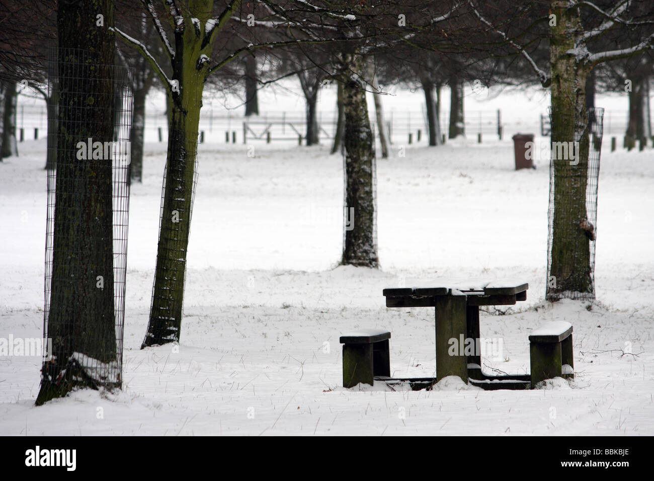 Un paese di scena su un inverni freddi giorno dopo la neve si è risolta in un country park Foto Stock