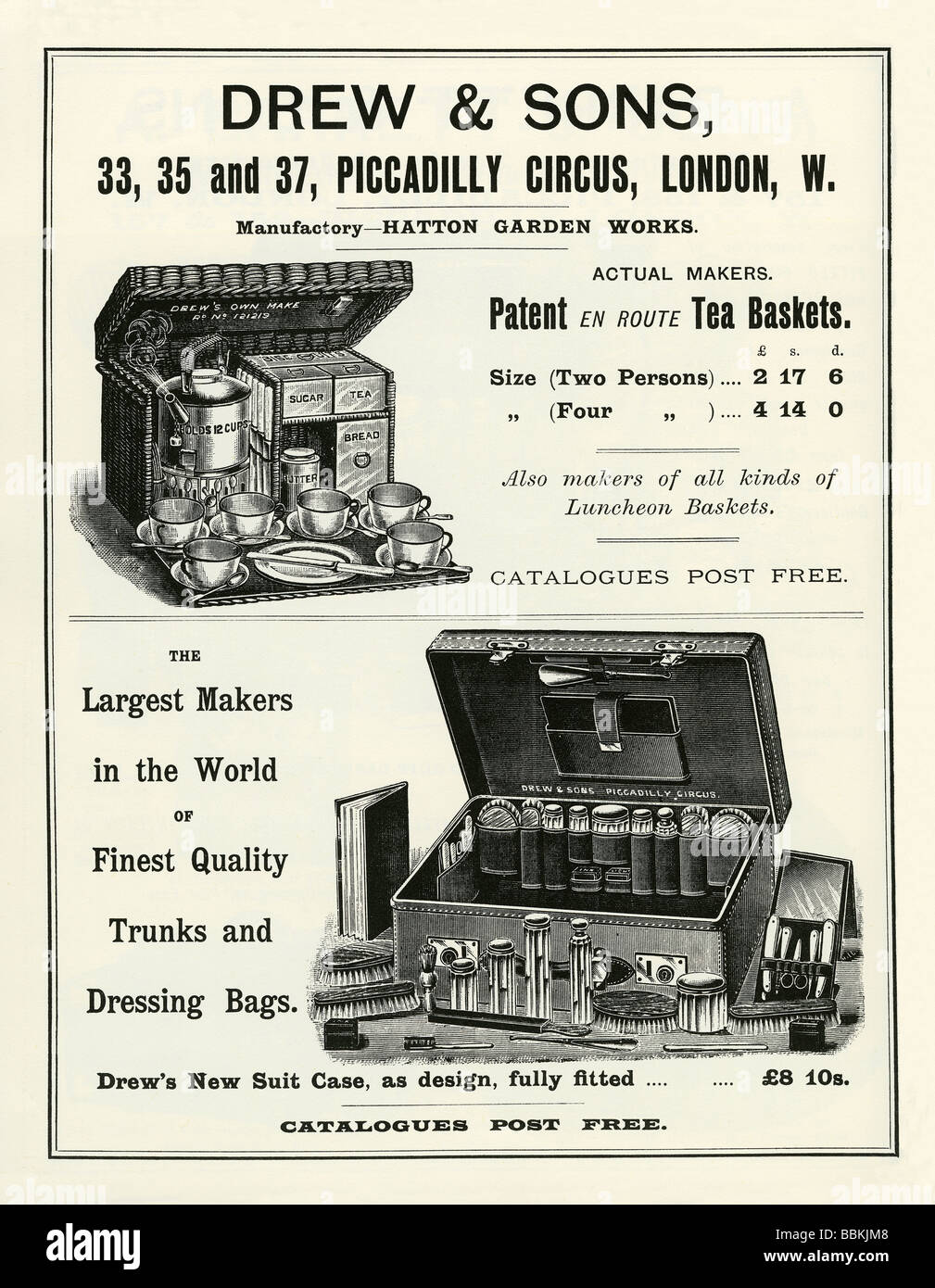 Annuncio di Victorian mail-Ordine catalogo per cestini da picnic e di articoli da viaggio, Drew & Sons, Piccadilly Circus, Londra Foto Stock