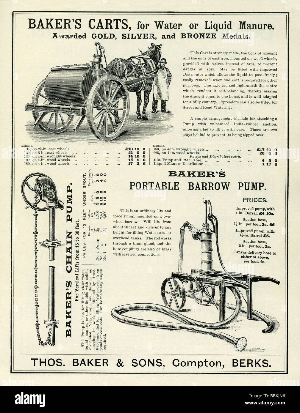 Annuncio di Victorian mail-Ordine catalogo per carrelli di letame e di pompe, Baker & Sons, Compton, Berkshire Foto Stock