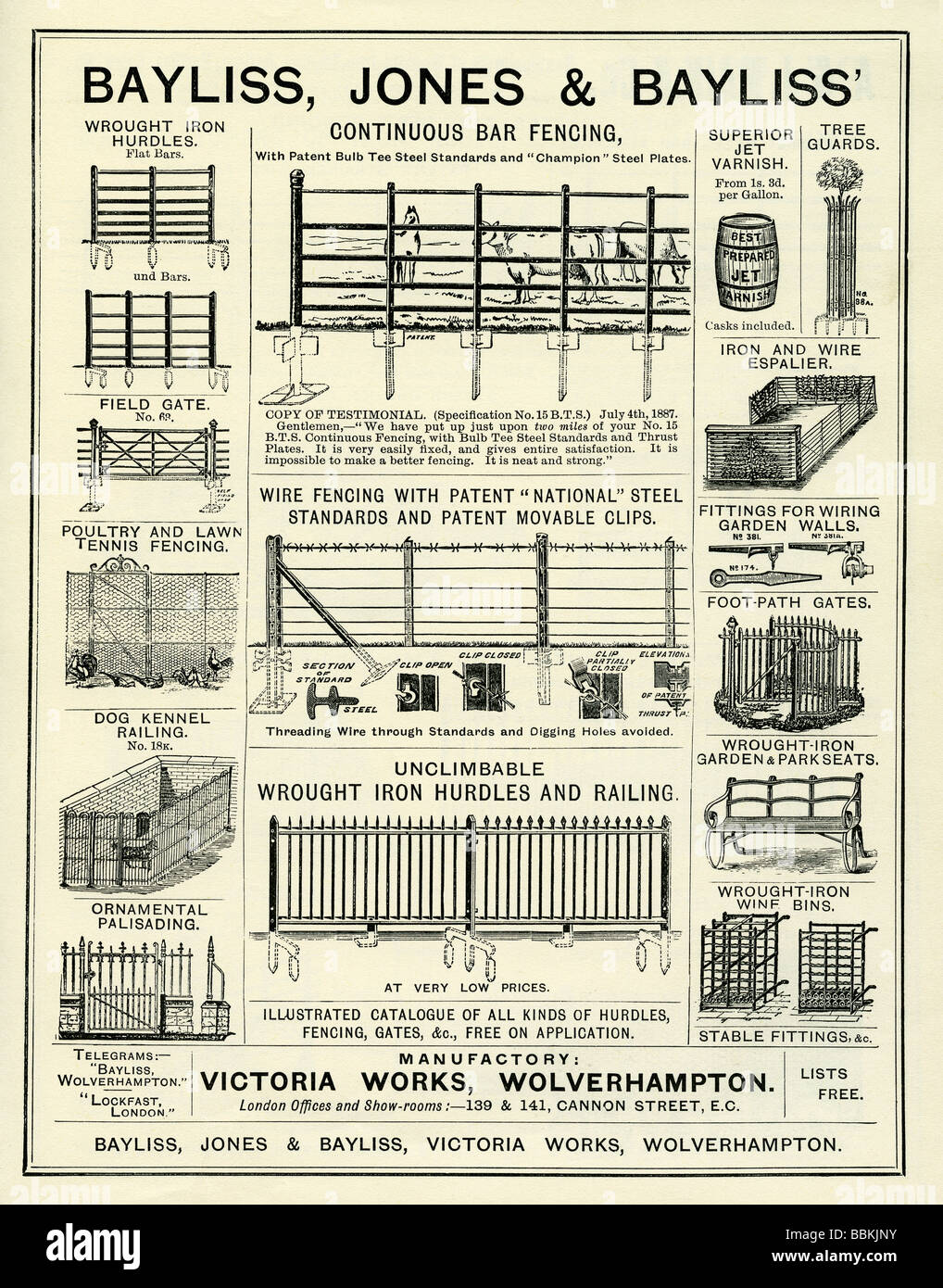 Annuncio di Victorian mail-Ordine catalogo per il ferro battuto recinzioni e cancelli Bayliss, Jones & Bayliss, Wolverhampton Foto Stock