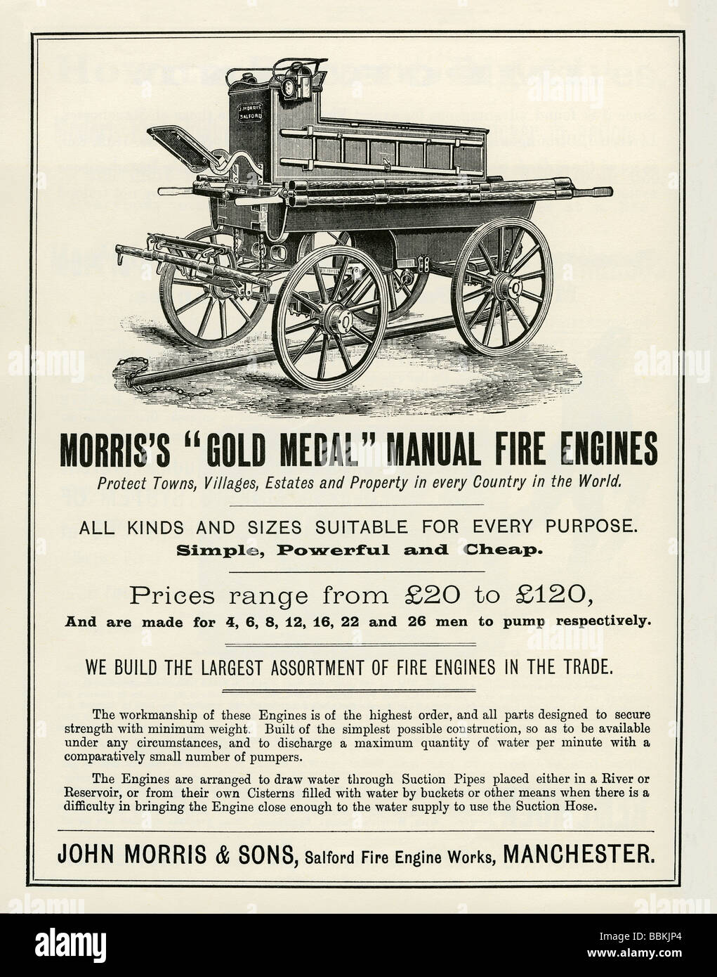 Annuncio di Victorian mail-Ordine catalogo per motori Fire, John Morris & Sons, Salford, Manchester, Lancashire Foto Stock