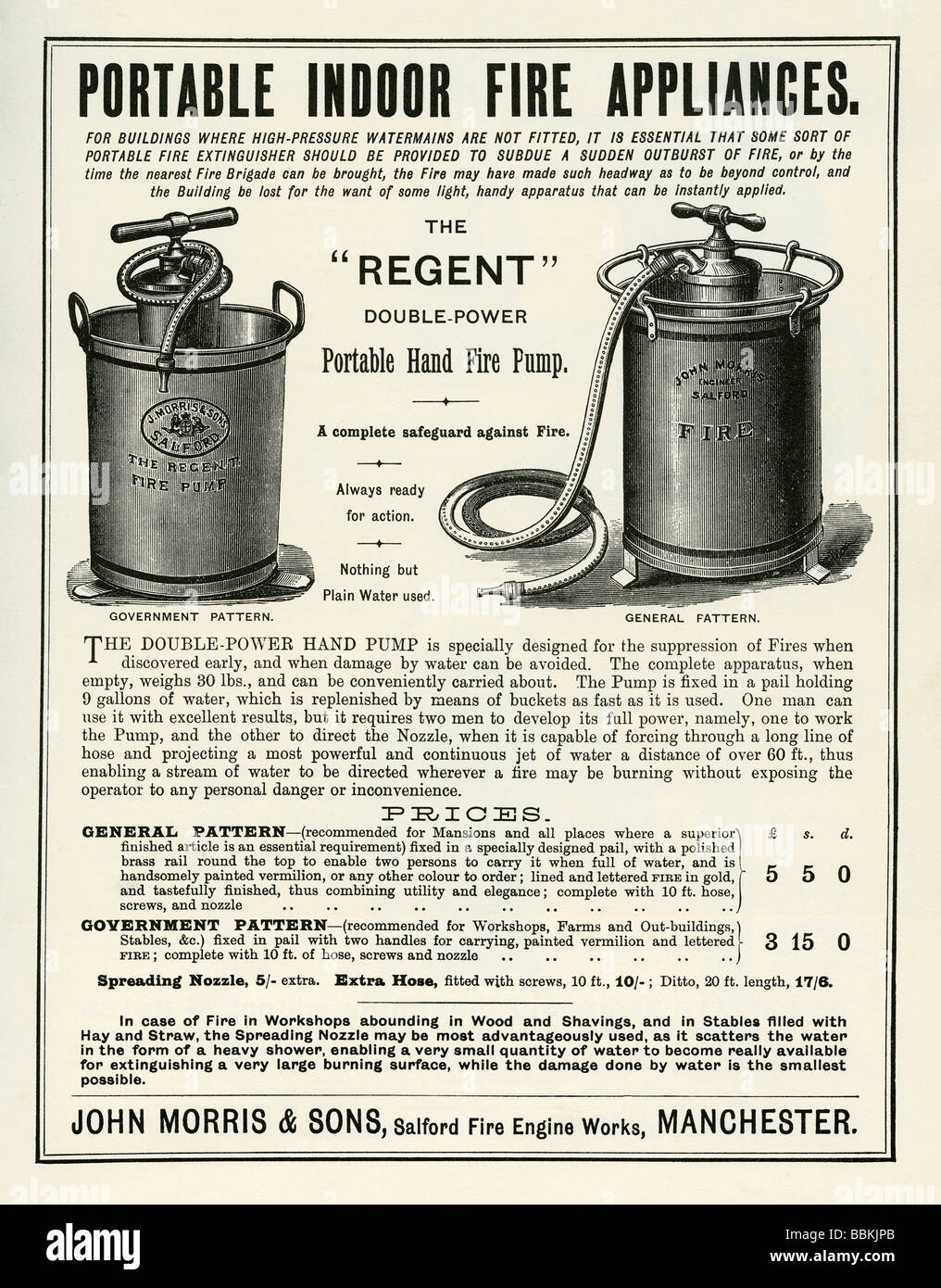 Annuncio di Victorian mail-Ordine catalogo per portatili pompe antincendio, John Morris & Sons Salford, Manchester, Lancashire Foto Stock