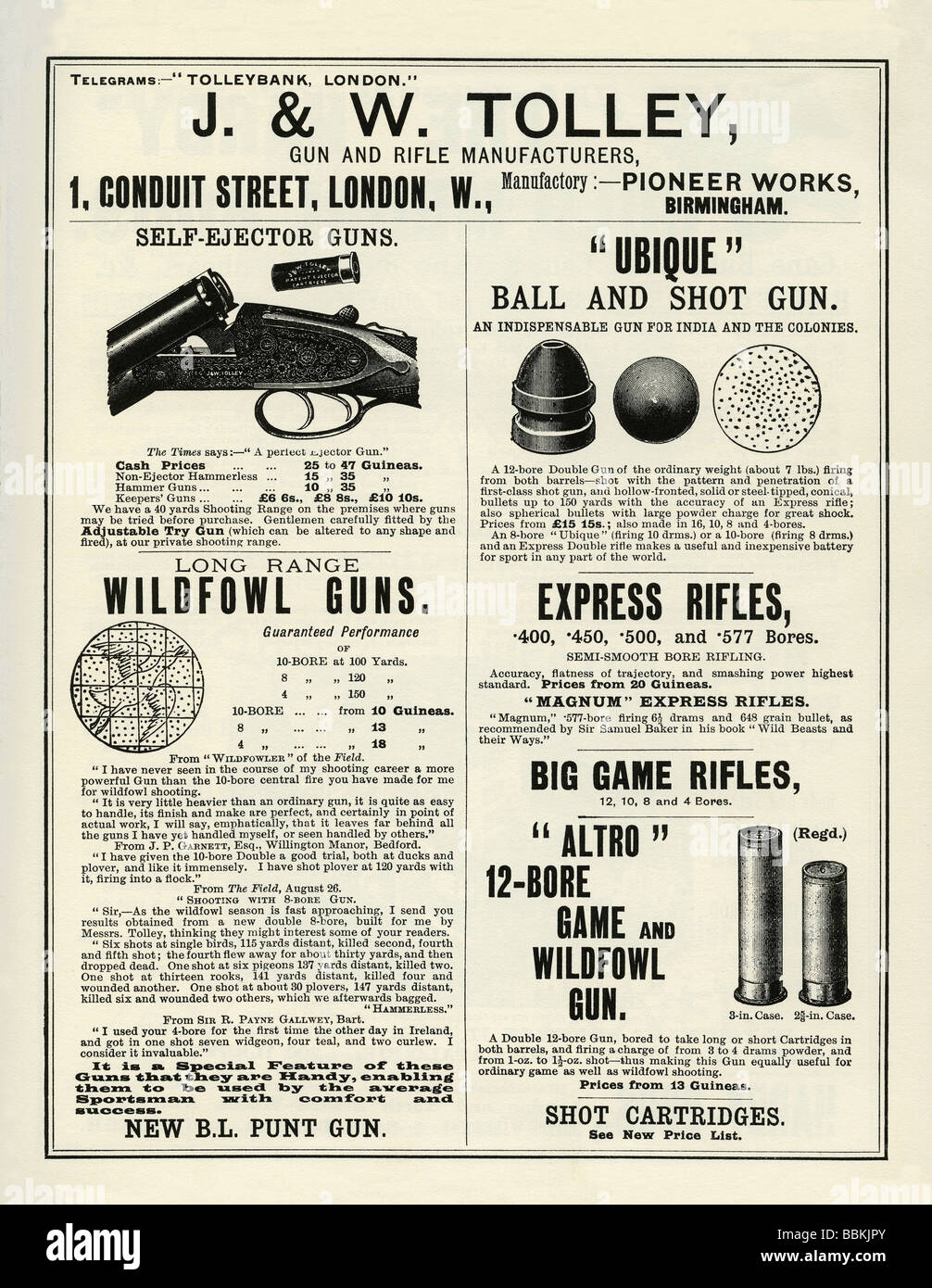 Annuncio di Victorian mail-Ordine catalogo per fucili e munizioni, J & W Tolley, Conduit Street, Londra Foto Stock