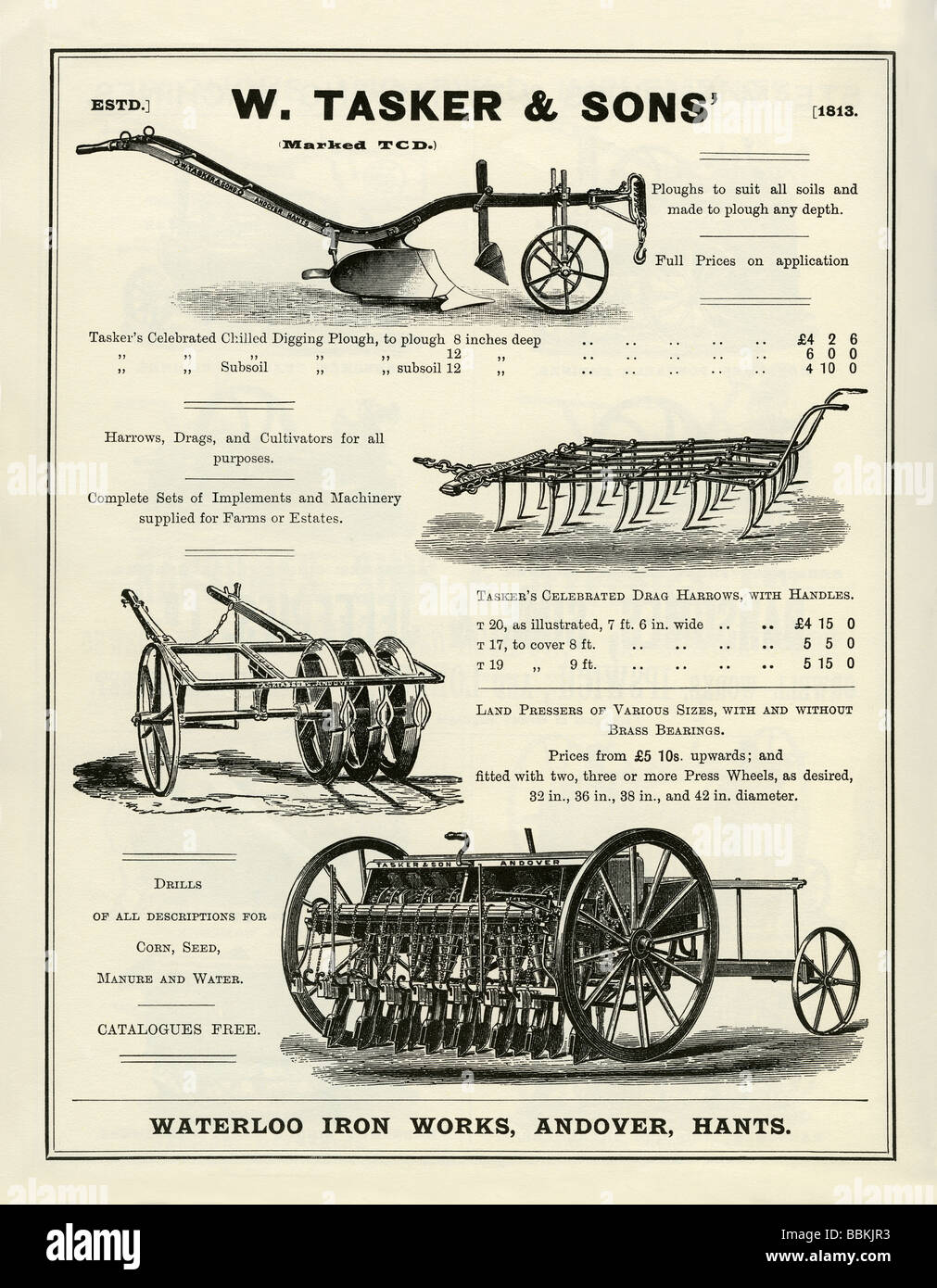 Annuncio di Victorian mail-Ordinazione catalogo per attrezzi agricoli, Tasker & Sons, Andover, Hampshire Foto Stock