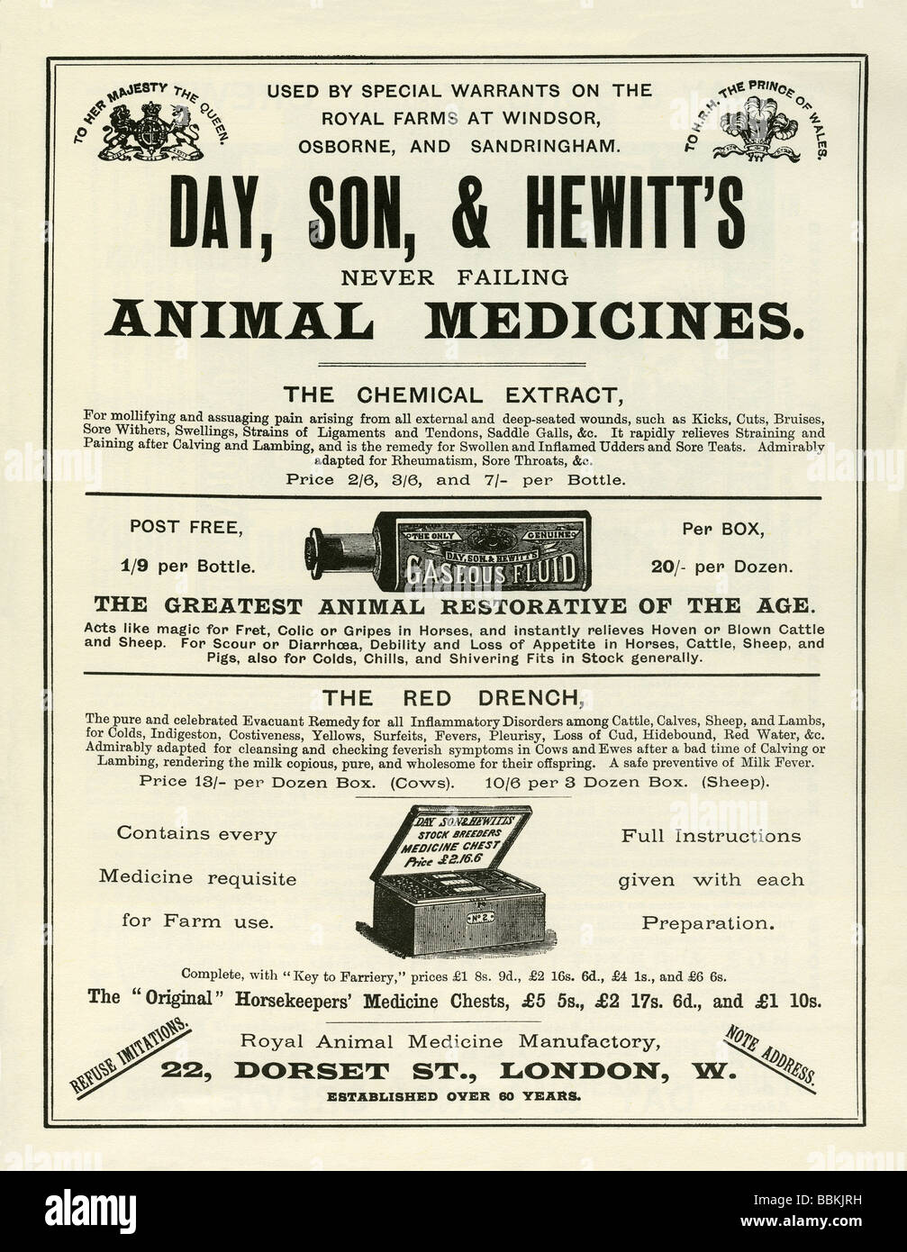 Annuncio di Victorian mail-Ordinazione catalogo per i medicinali destinati agli animali da allevamento, giorno Son & Hewitt, Dorset Street, Londra Foto Stock