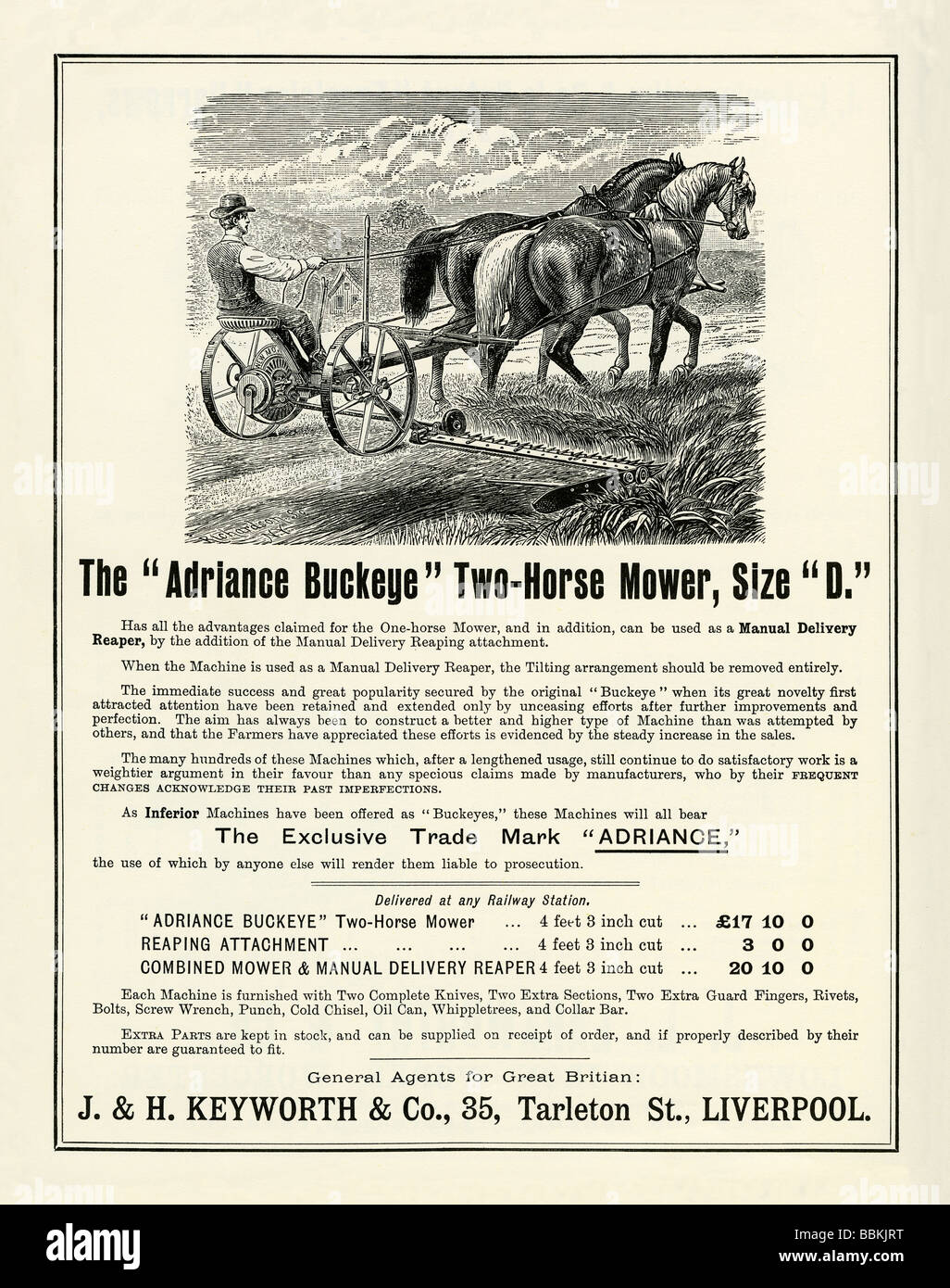 Annuncio di Victorian mail-Ordine catalogo per la Adriance Buckeye due-cavallo falciatrice, Keyworth & Co, Liverpool, Lancashire Foto Stock