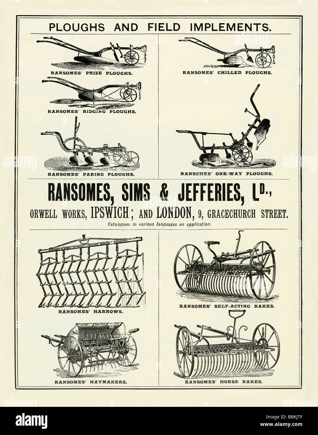 Annuncio di Victorian mail-Ordine catalogo per agrciulural implementa, Ransomes Sims & Jefferies, Ipswich e Londra Foto Stock