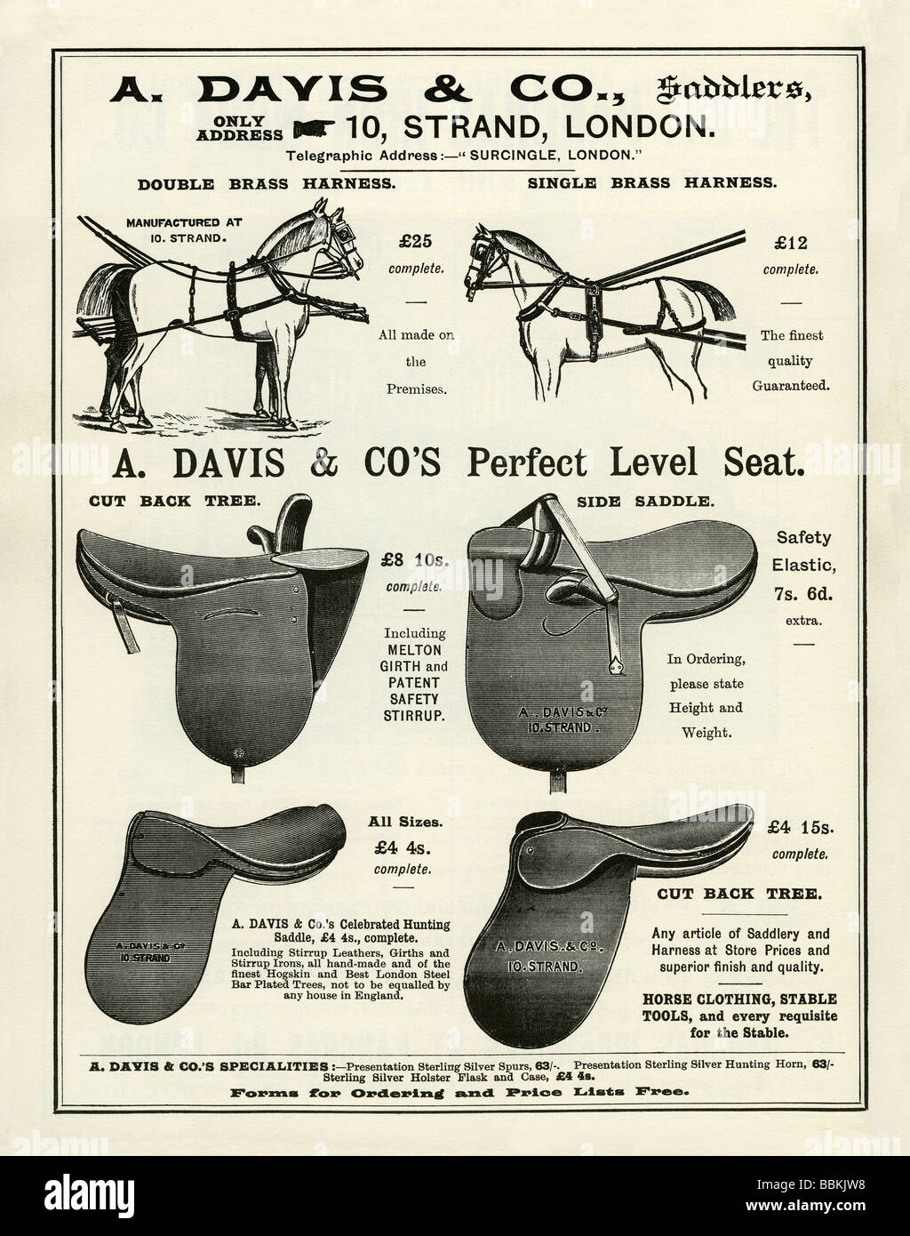 Annuncio di Victorian mail-Ordine catalogo per selle e finimenti per cavalli, Davis & Co, Strand, Londra Foto Stock