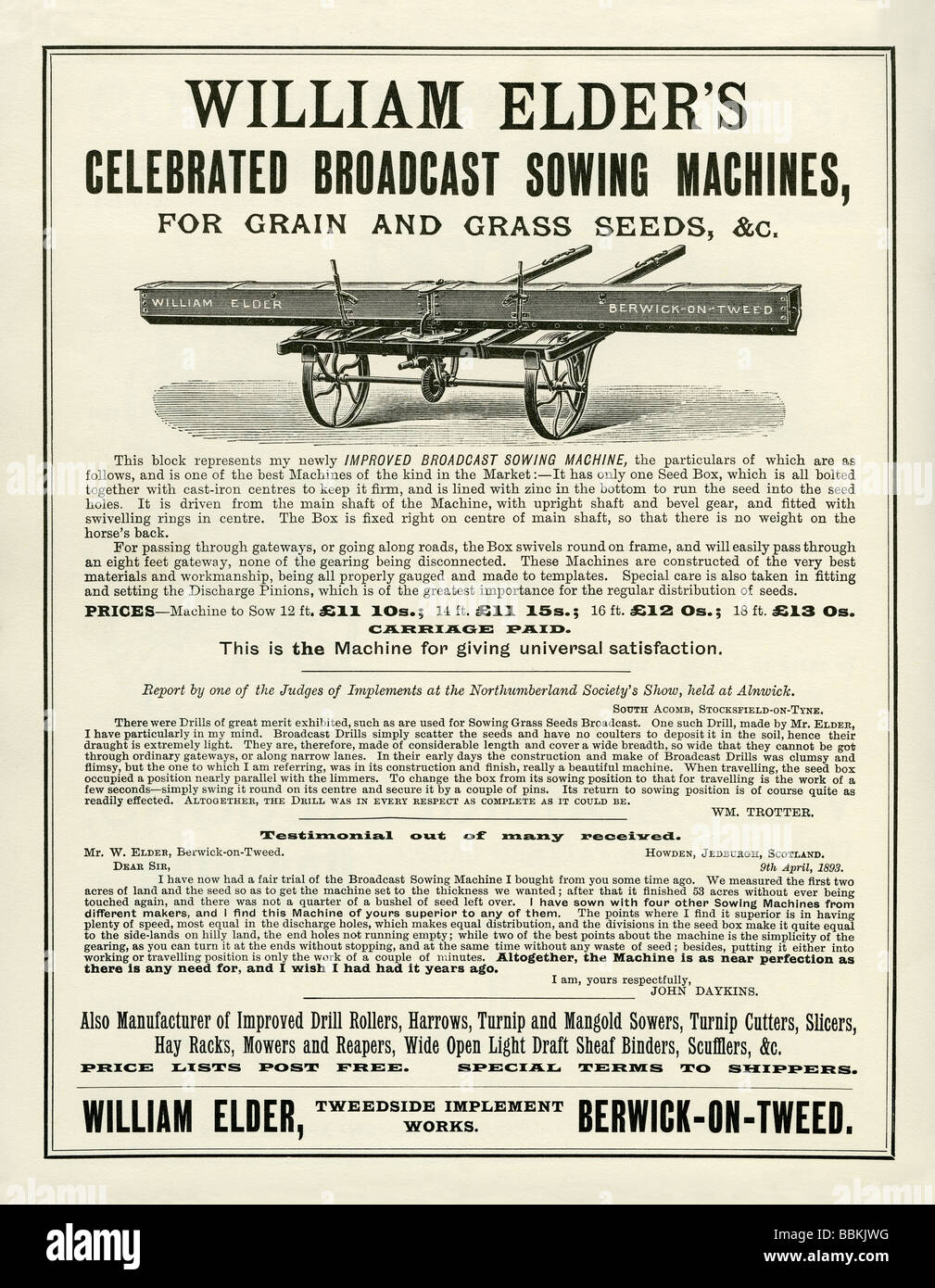 Annuncio di Victorian mail-Ordinazione catalogo per la semina macchine, William sambuco, Berwick On Tweed, Northumberland Foto Stock
