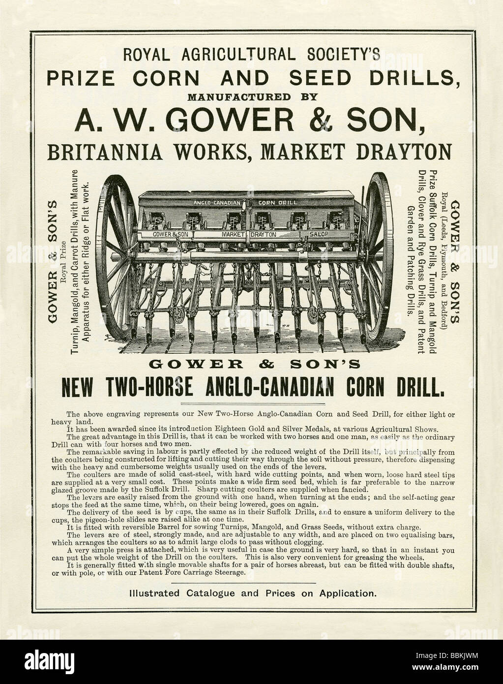 Annuncio di Victorian mail-Ordine catalogo per una due-cavallo punta mais, Gower & Figlio, Market Drayton, Shropshire Foto Stock