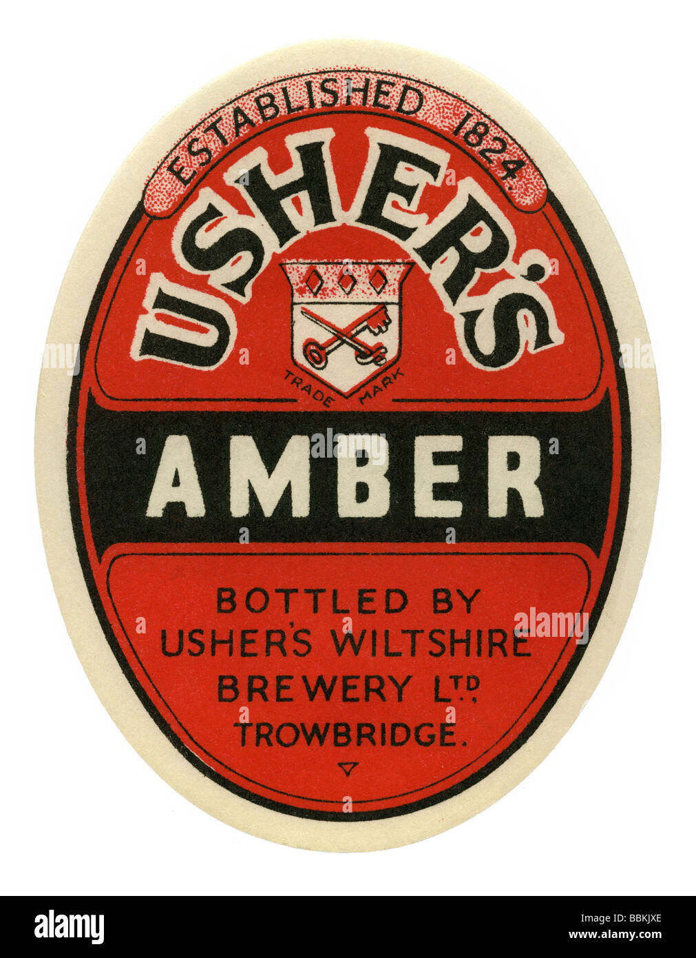 Vecchia birra britannica etichetta per Usher's Ambra, Trowbridge, Wiltshire Foto Stock