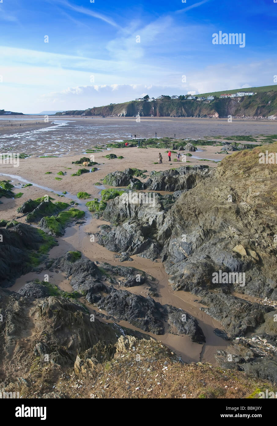 Rocce di Bantham Beach guardando verso Bigbury, South Devon, Regno Unito Foto Stock
