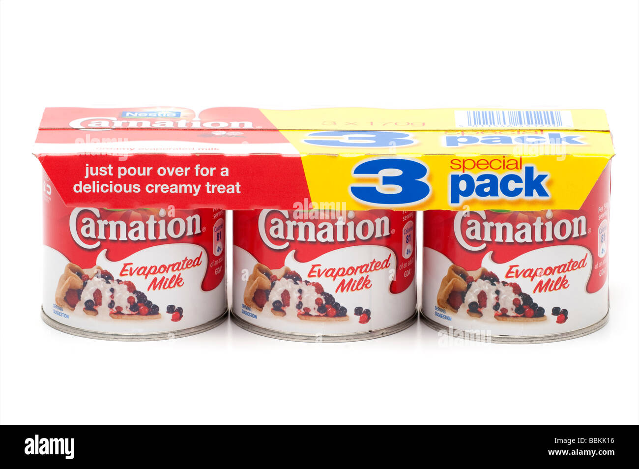 Tre speciali pack di conserve 'Carnation Latte evaporato' Foto Stock