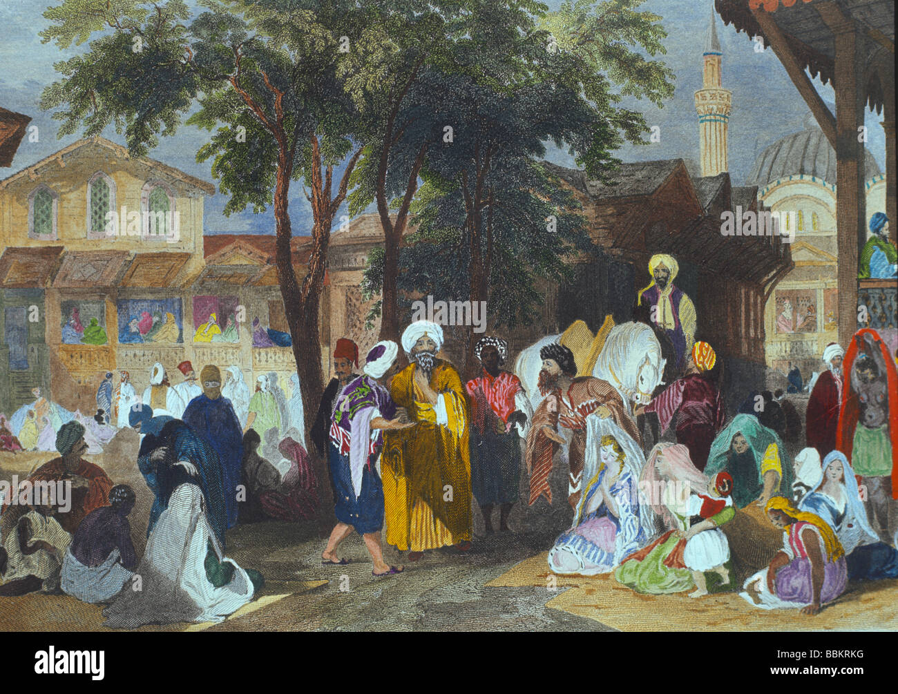 Il mercato degli schiavi incisione di Thomas Allom dipinte a mano da Laura Lushington Foto Stock