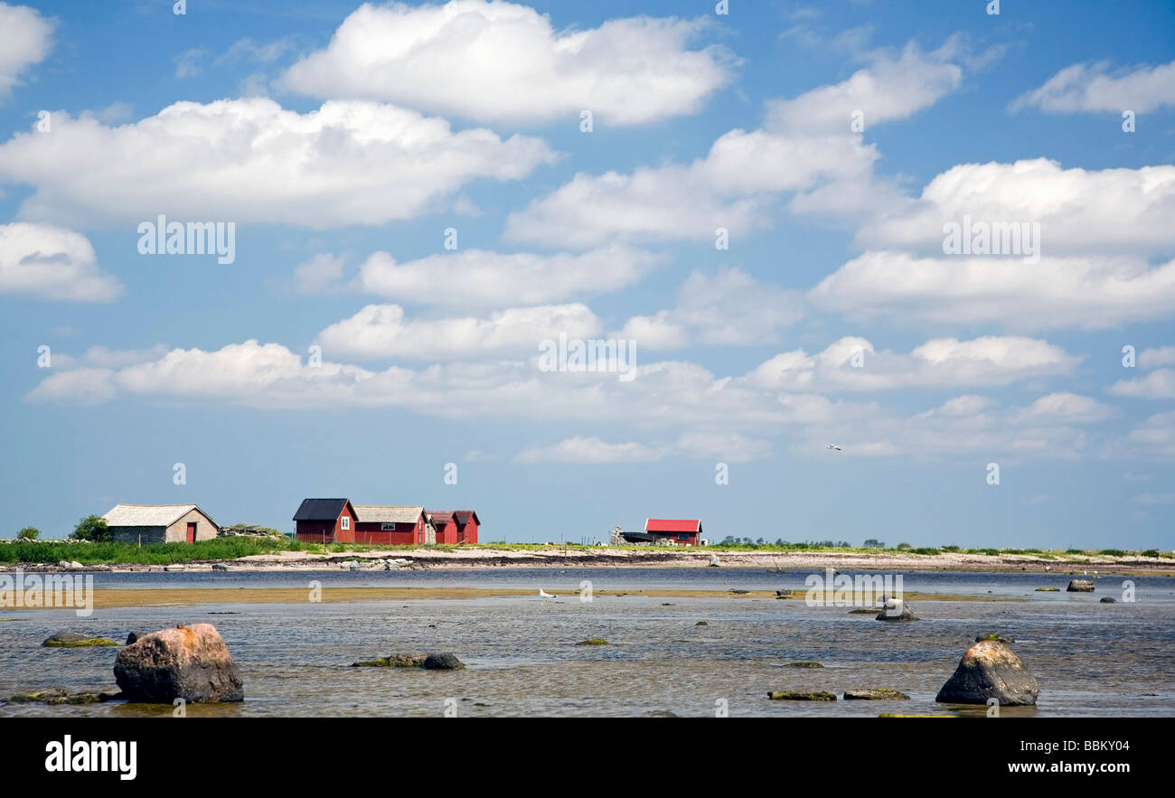 Il paesaggio costiero con boathouses su Oeland, Mar Baltico, Svezia Foto Stock