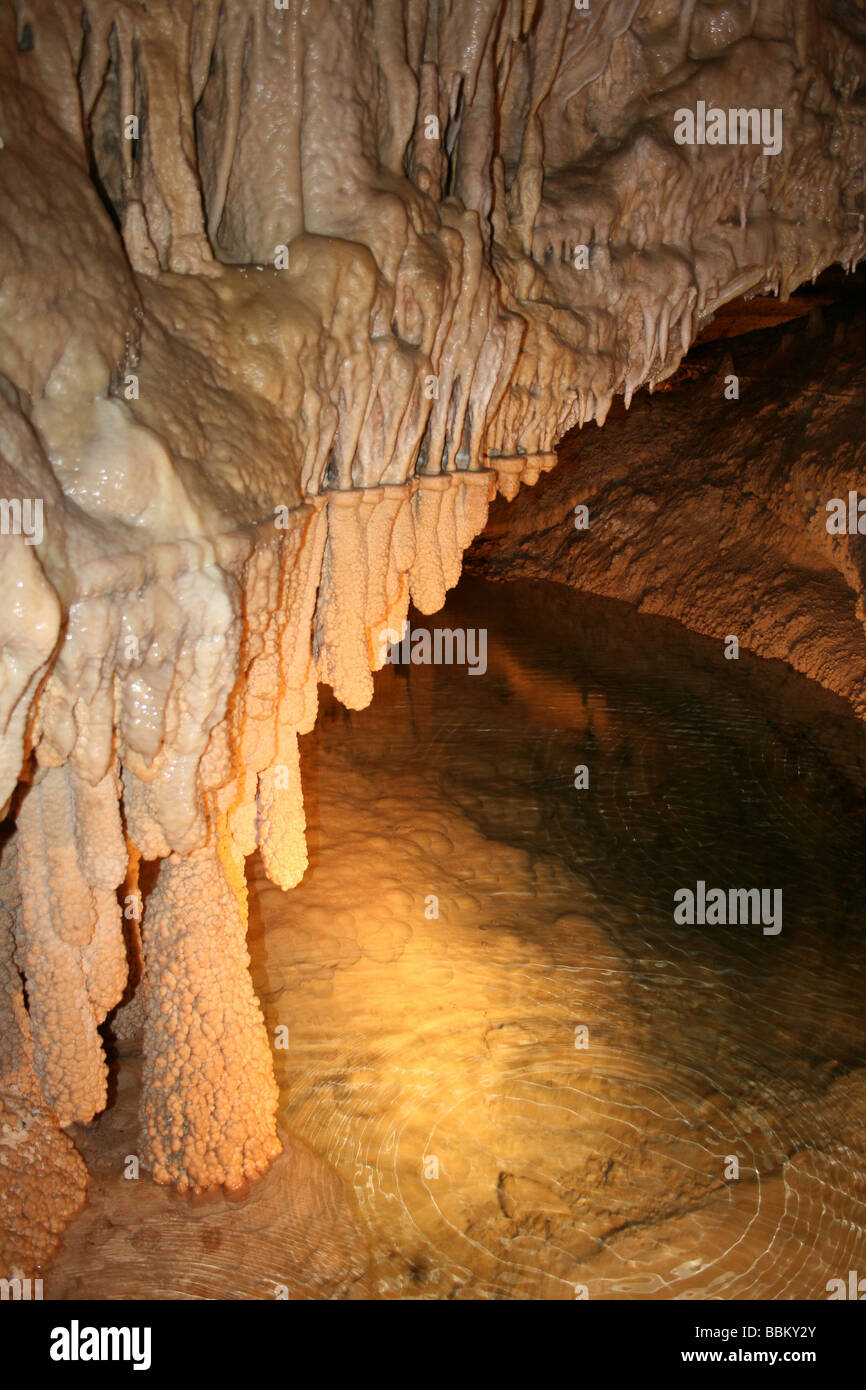 Stalattiti di calcare grotta carsica, grotta Roland, vicino a Montcuq, Midi-Pirenei, Francia Foto Stock