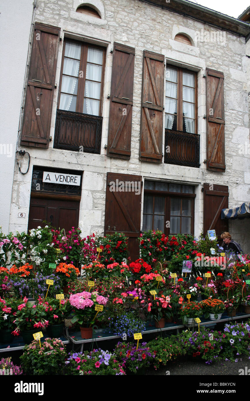 Pressione di stallo di fiori in un tradizionale mercato francese a Montcuq, Lot, Midi-Pirenei, Francia Foto Stock
