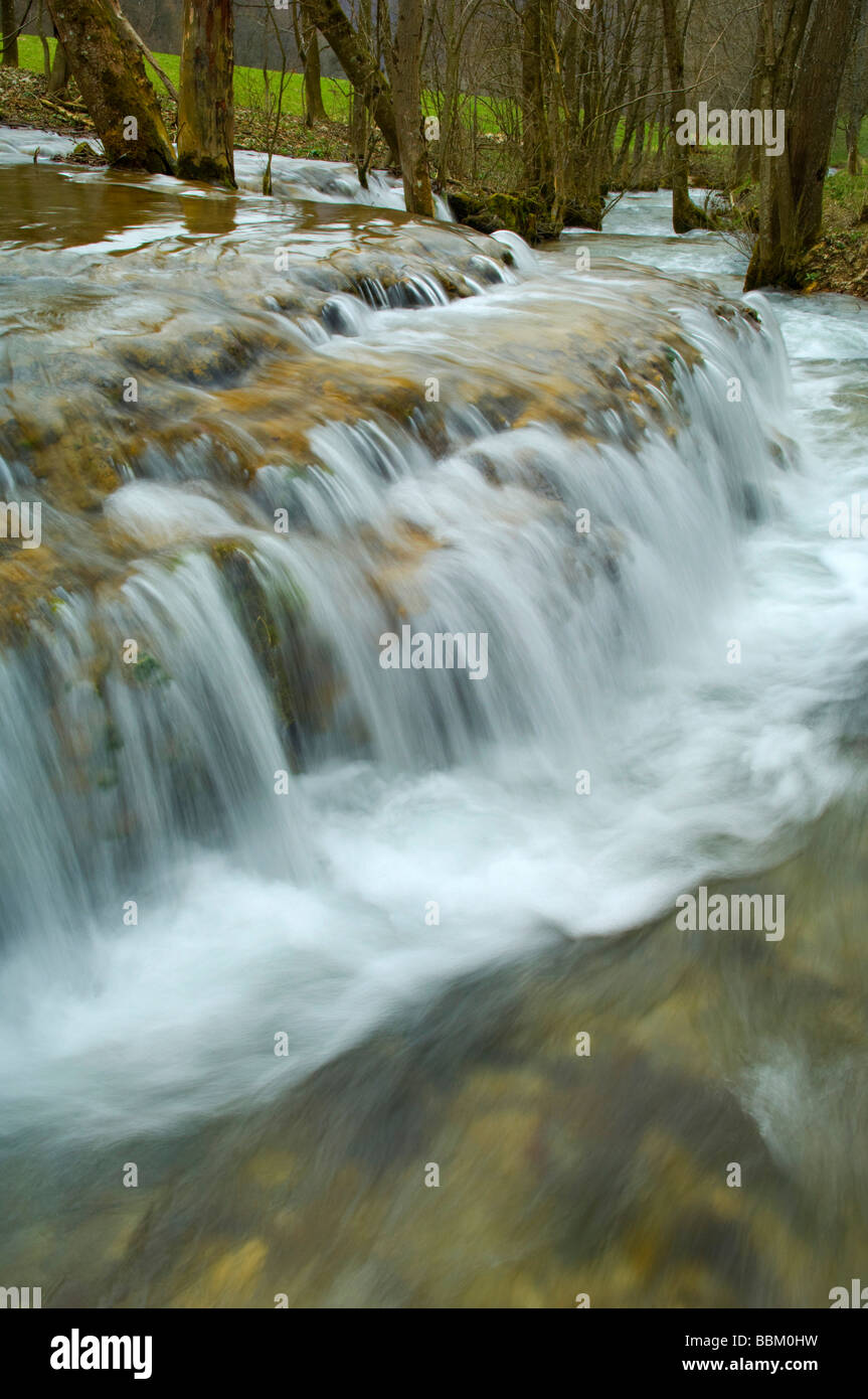 Ruscello di montagna in primavera, dopo snowmelt, Svevo, Baden-Wuerttemberg, Germania, Europa Foto Stock