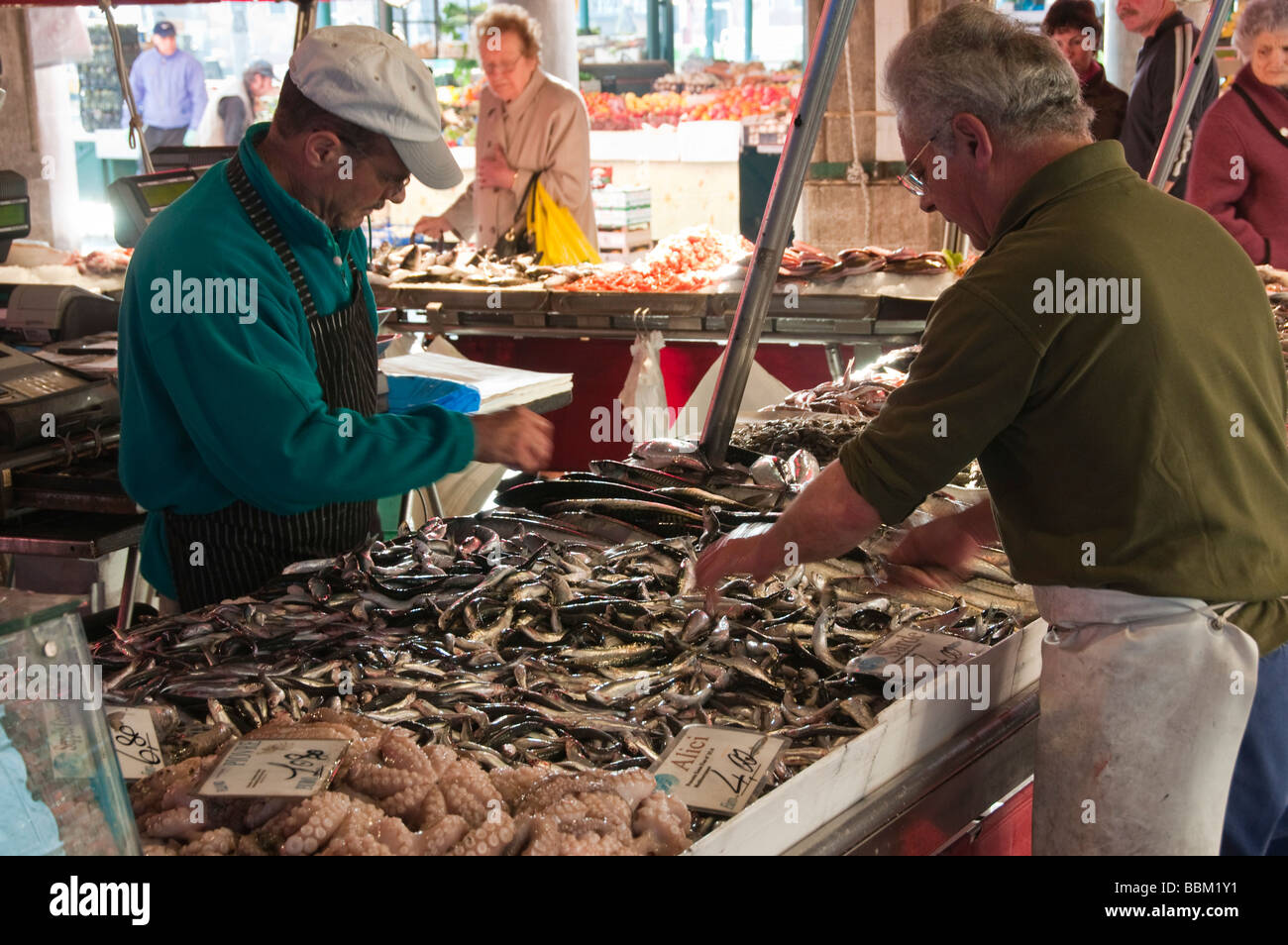 Pressione di stallo di frutti di mare al Peschería Rialto Mercato del pesce San Polo Venezia Italia Foto Stock