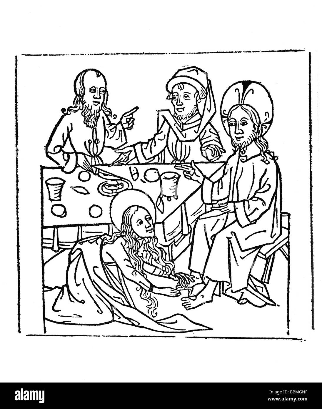 Maria di Magdala unzione e lavando i piedi di Gesù e li di essiccazione con i suoi capelli, sculture in legno di epoca medioevale Foto Stock