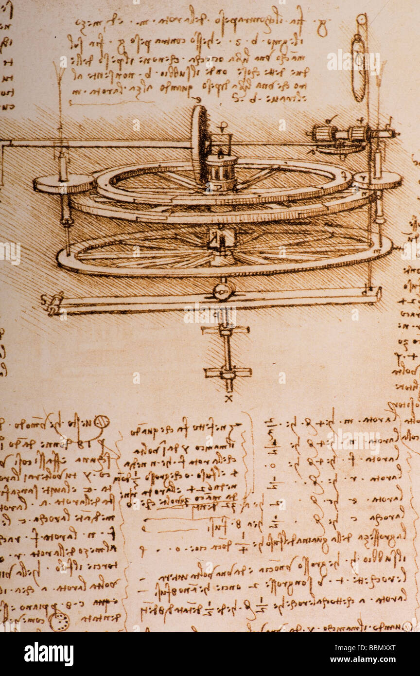 Lo studio dei meccanismi di una ruota di filatura da Leonardo da Vinci 1493-1497 penna e inchiostro Foto Stock