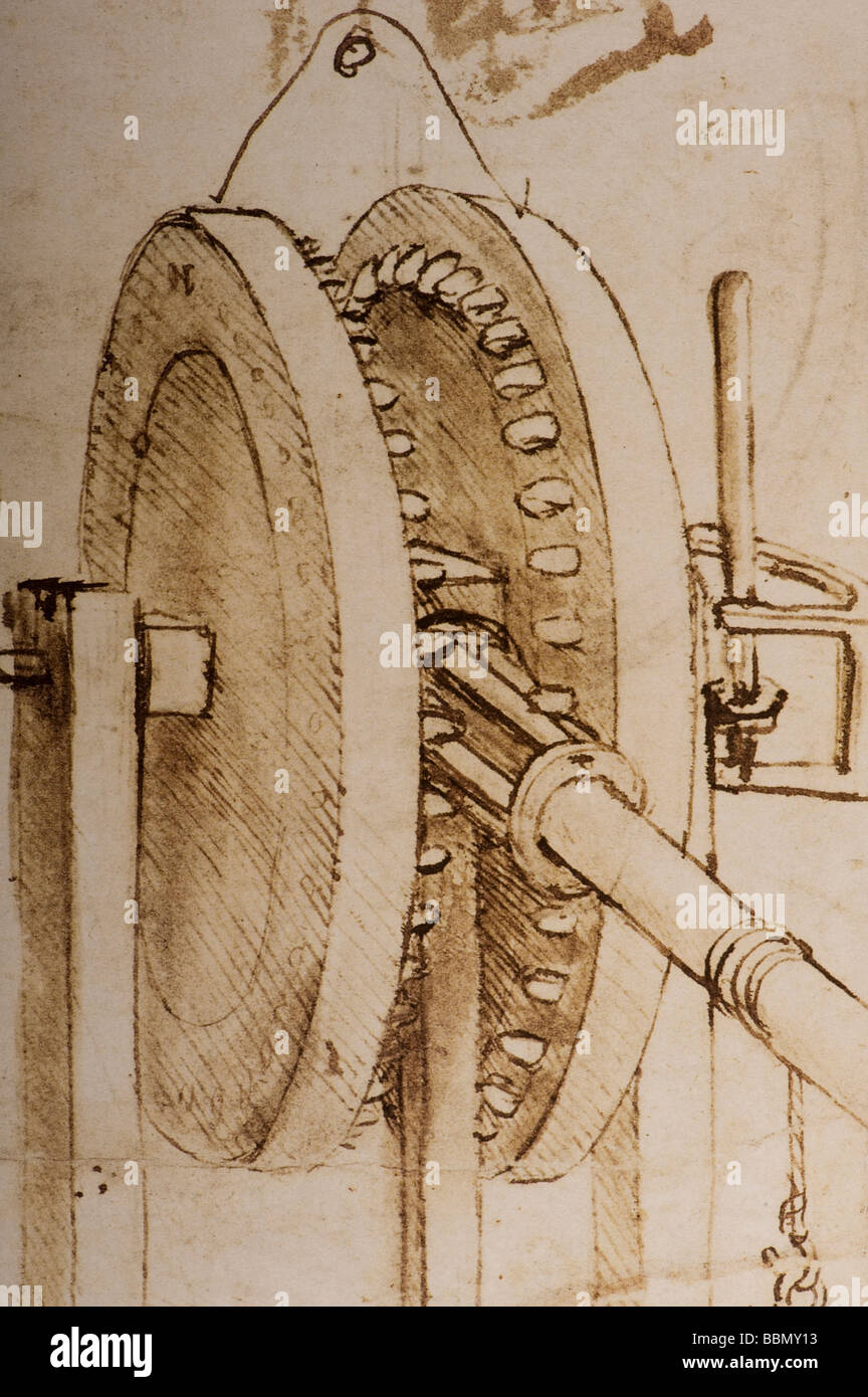 Gli studi di dettaglio delle ruote dentate e per un igrometro da Leonardo da Vinci 1485 inchiostro della penna Foto Stock