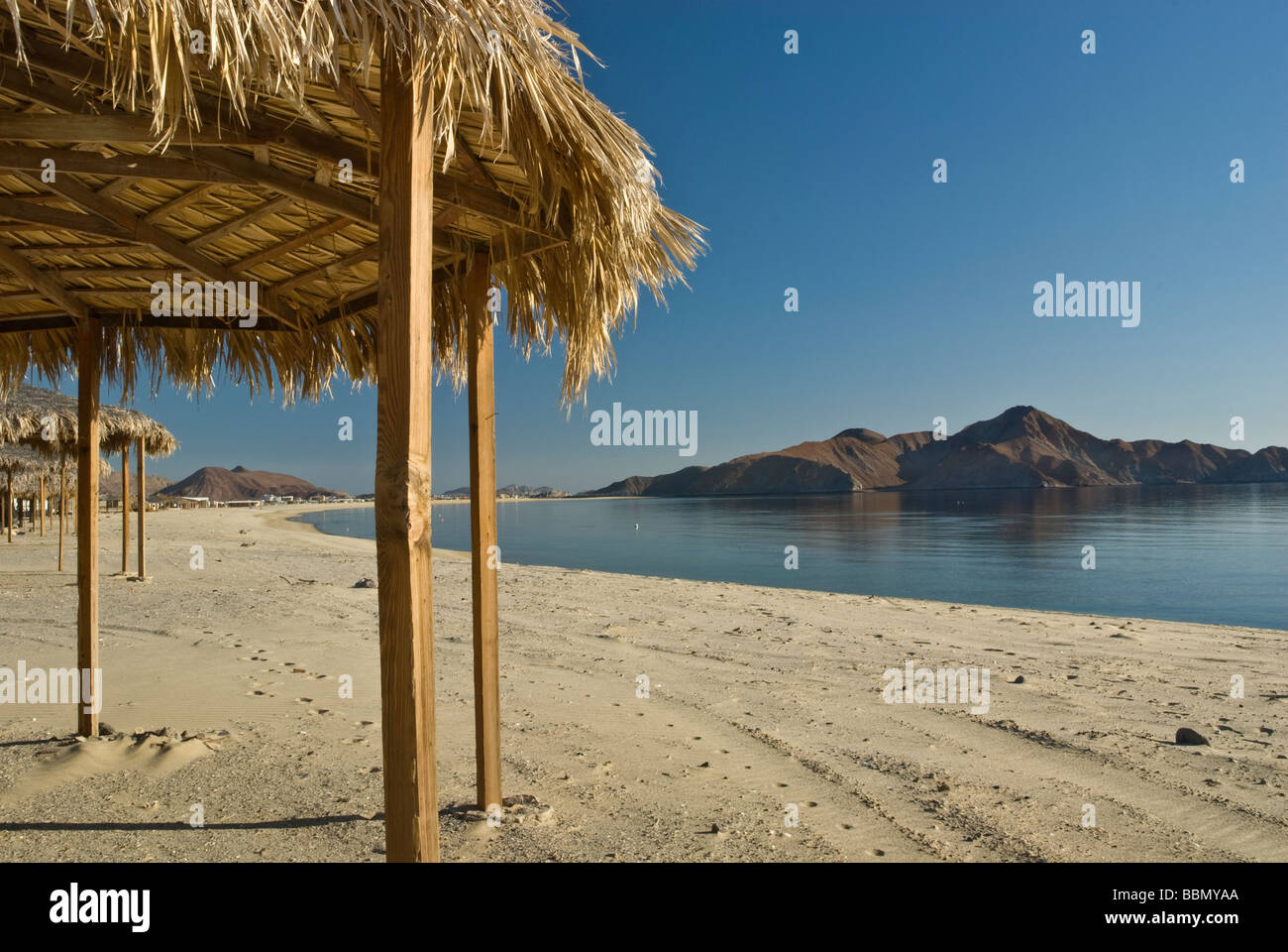 Palapas sulla spiaggia di Bahia San Luis Gonzaga a Campo Rancho Grande Baja California Messico Foto Stock