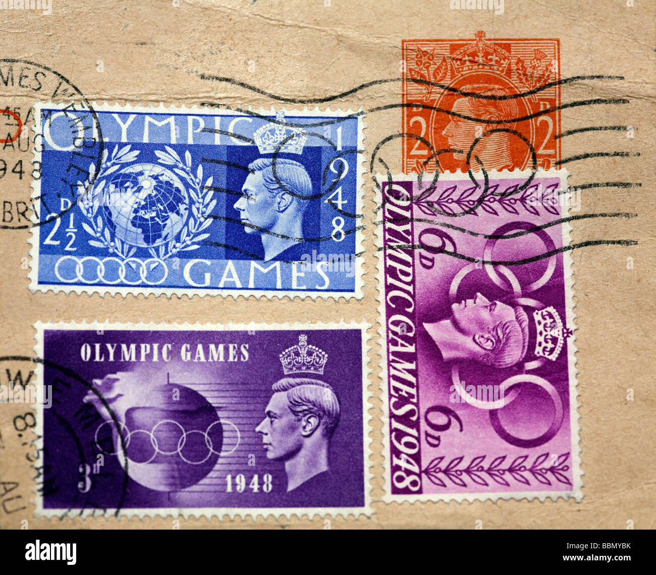 1948 Londra Olympic i francobolli con il timbro postale olimpico Foto Stock