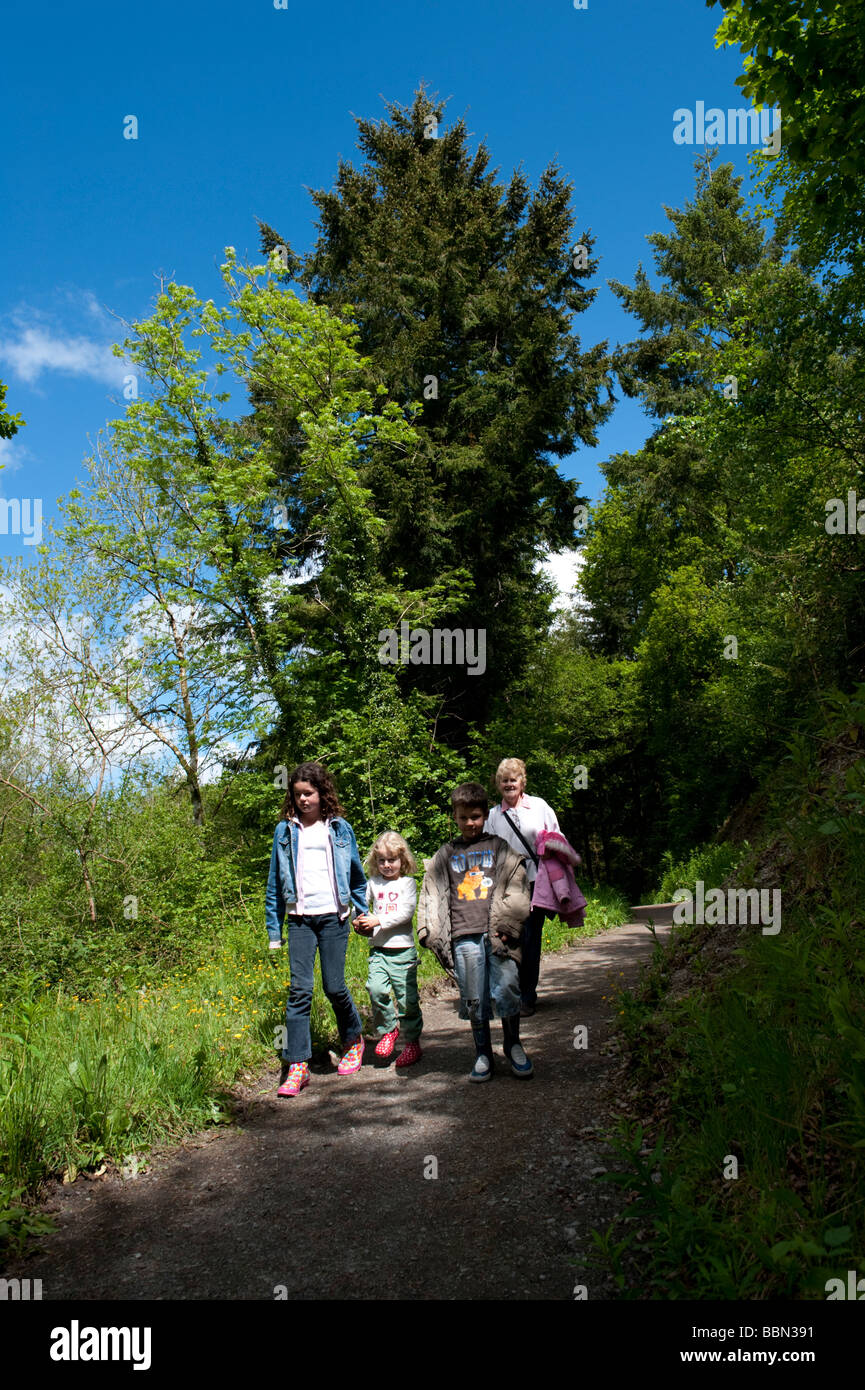 Una famiglia a piedi nei boschi di Dolaucothi station wagon National Trust Carmarthenshire west wales UK Foto Stock